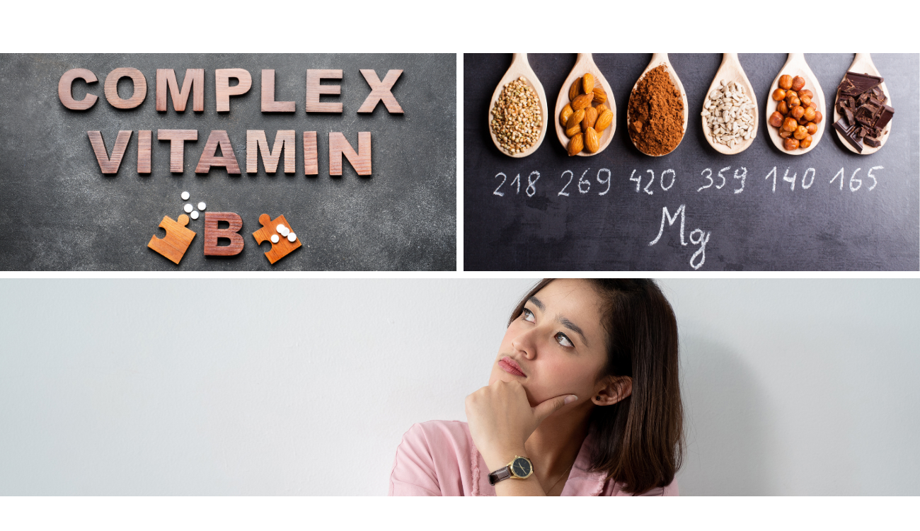 A woman is looking at a blackboard with the words B Complex and Magnesium on it.