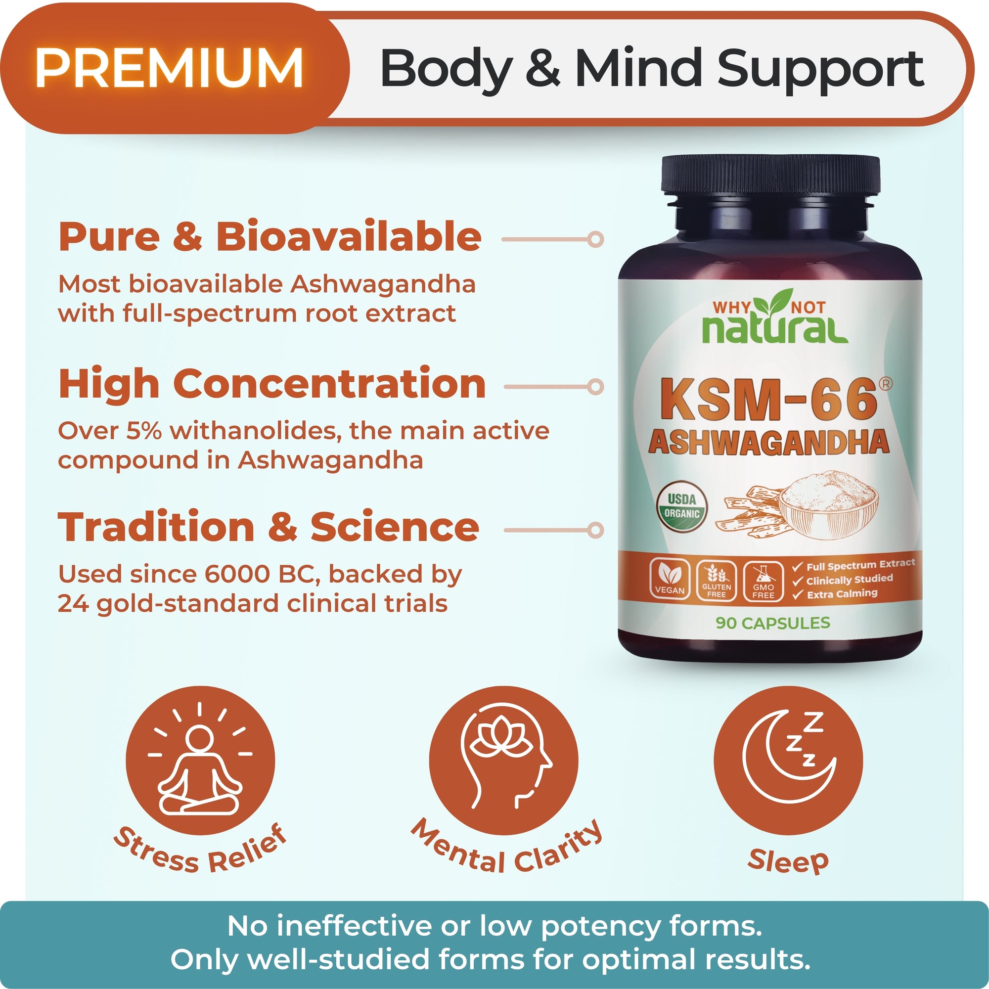 Premium Body and Mind Support. Pure and Bioavailable: Most bioavailable Ashwagandha with full-spectrum root extract. High concentration: Over 5% withanolides, the main active compound in Ashwagandha. Tradition and science. Used since 6000 BC, backed by 24 gold-standard clinical trails. No ineffective or low potency forms. Only well-studied forms for optimal results.