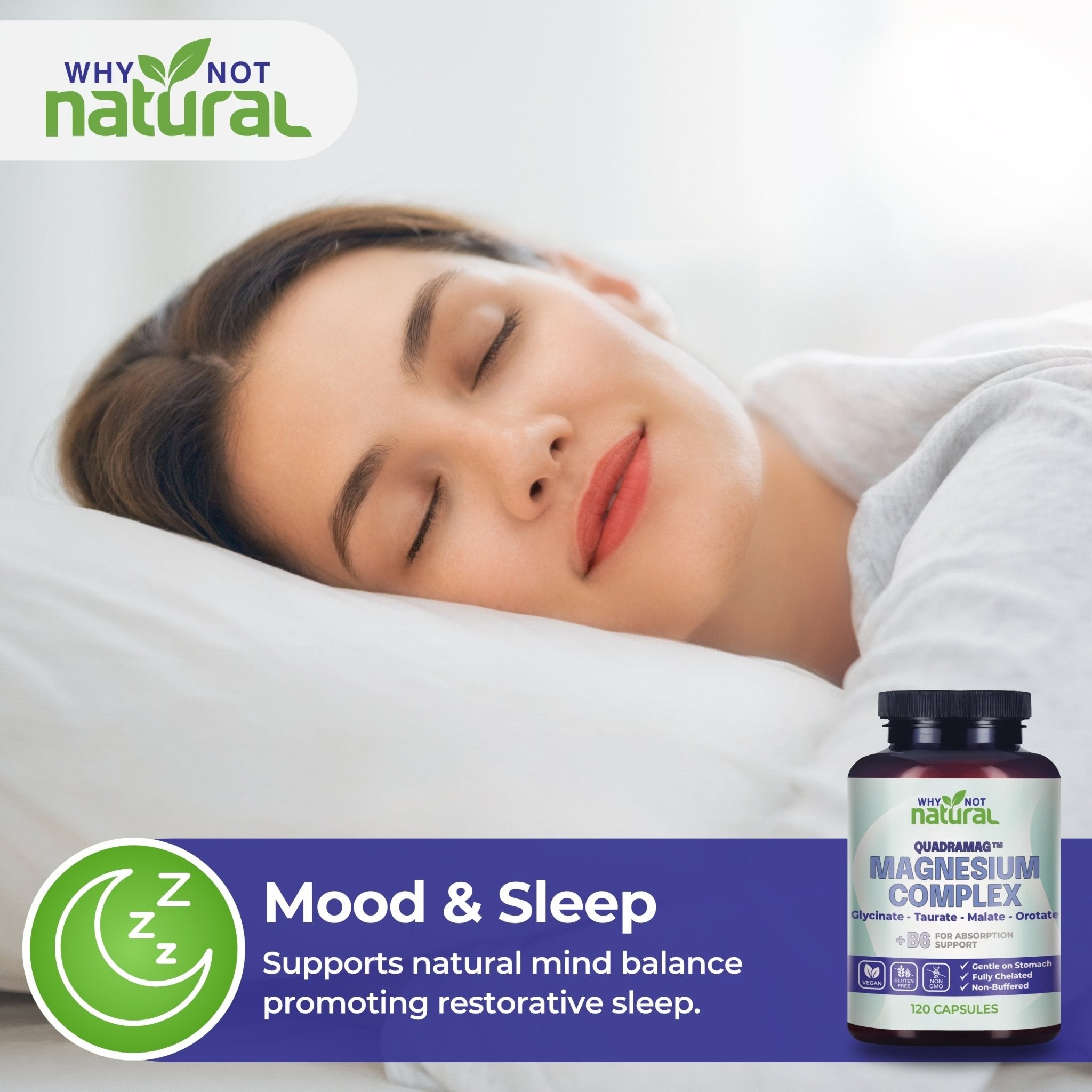 Woman sleeping with a bottle of 'Why Not Natural' magnesium complex supplement next to her.