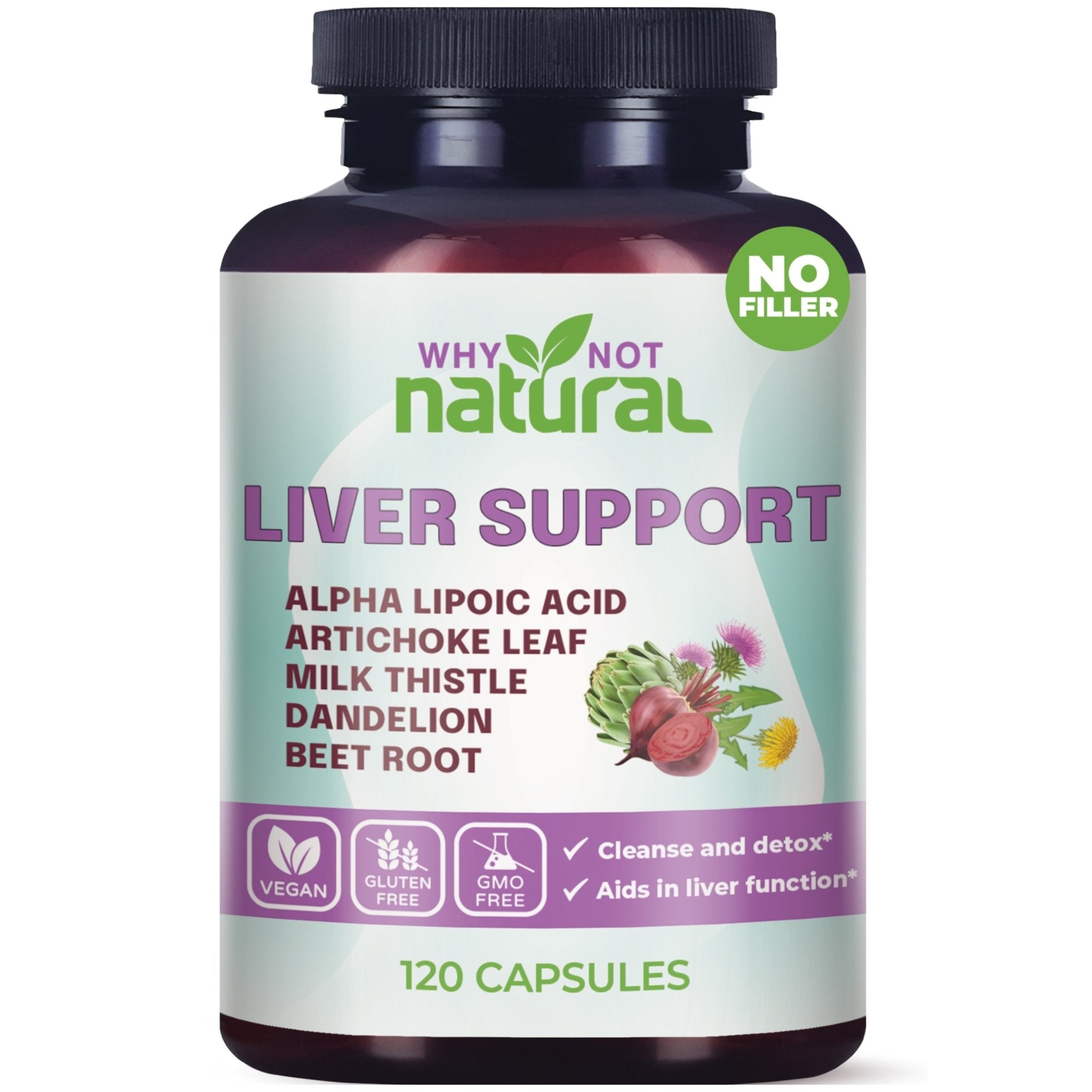 Bottle of 'Why Not Natural' liver support capsules on a white background