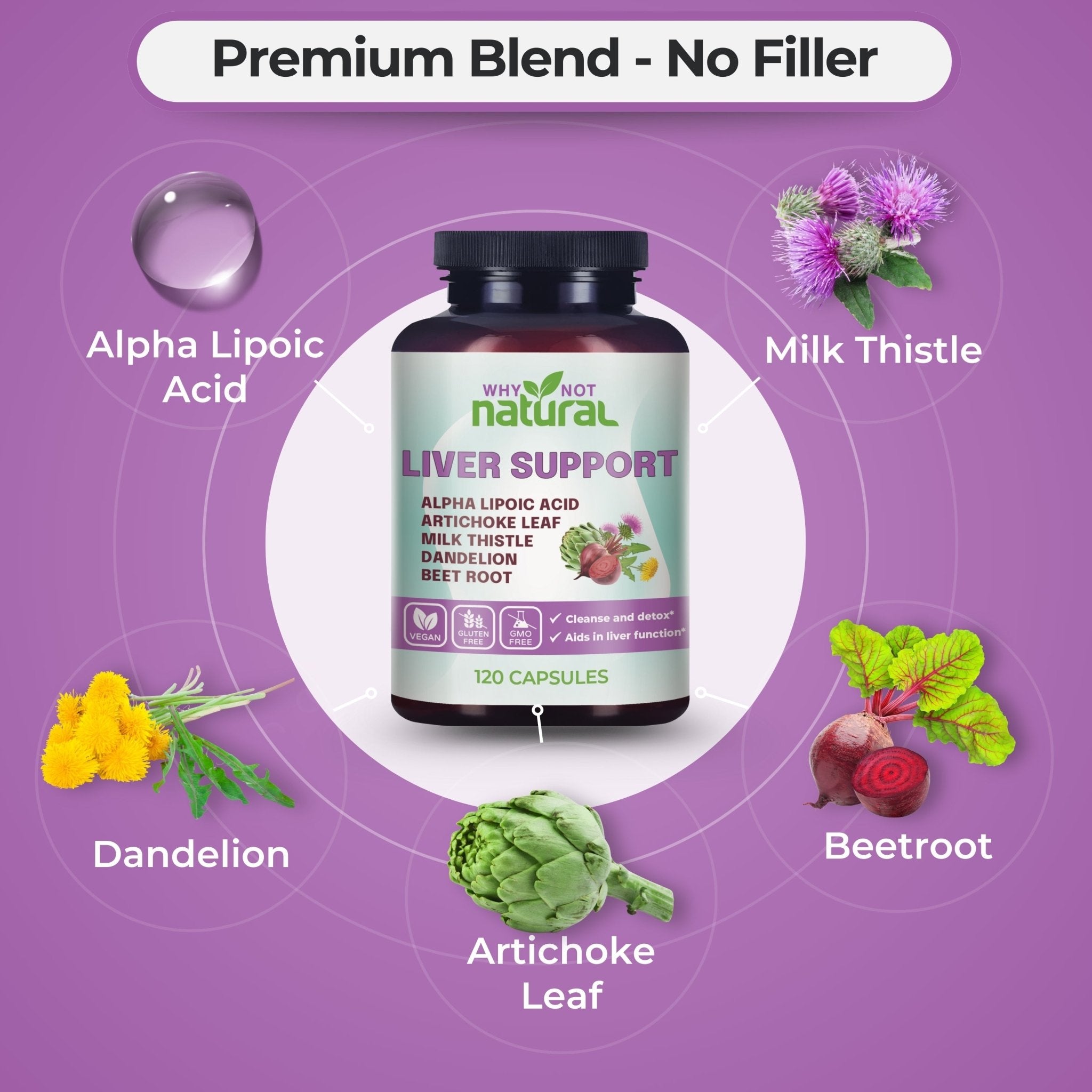 Liver support supplement bottle with herbs on a purple background