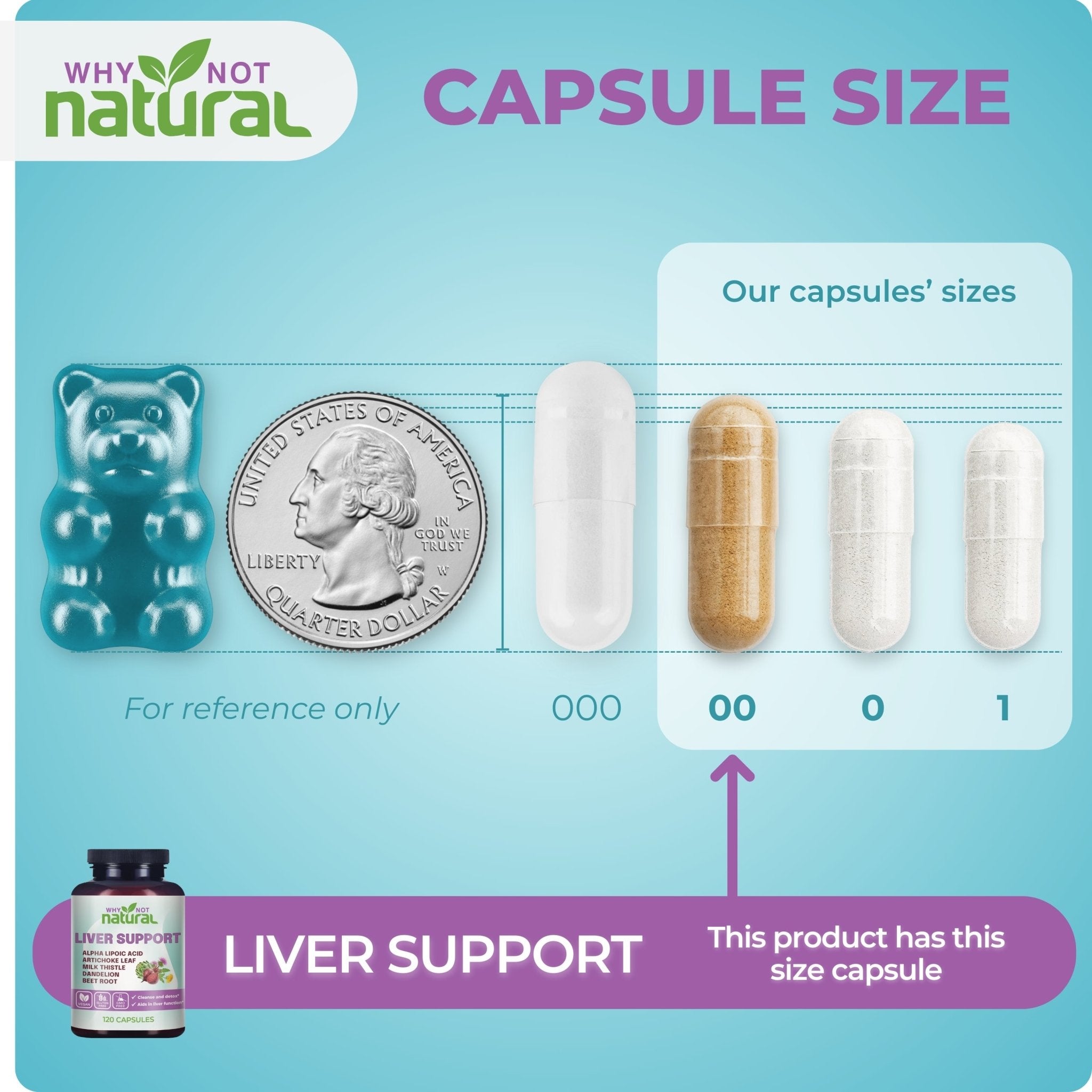 Comparison chart of capsule sizes with a quarter dollar for reference, on a blue background.