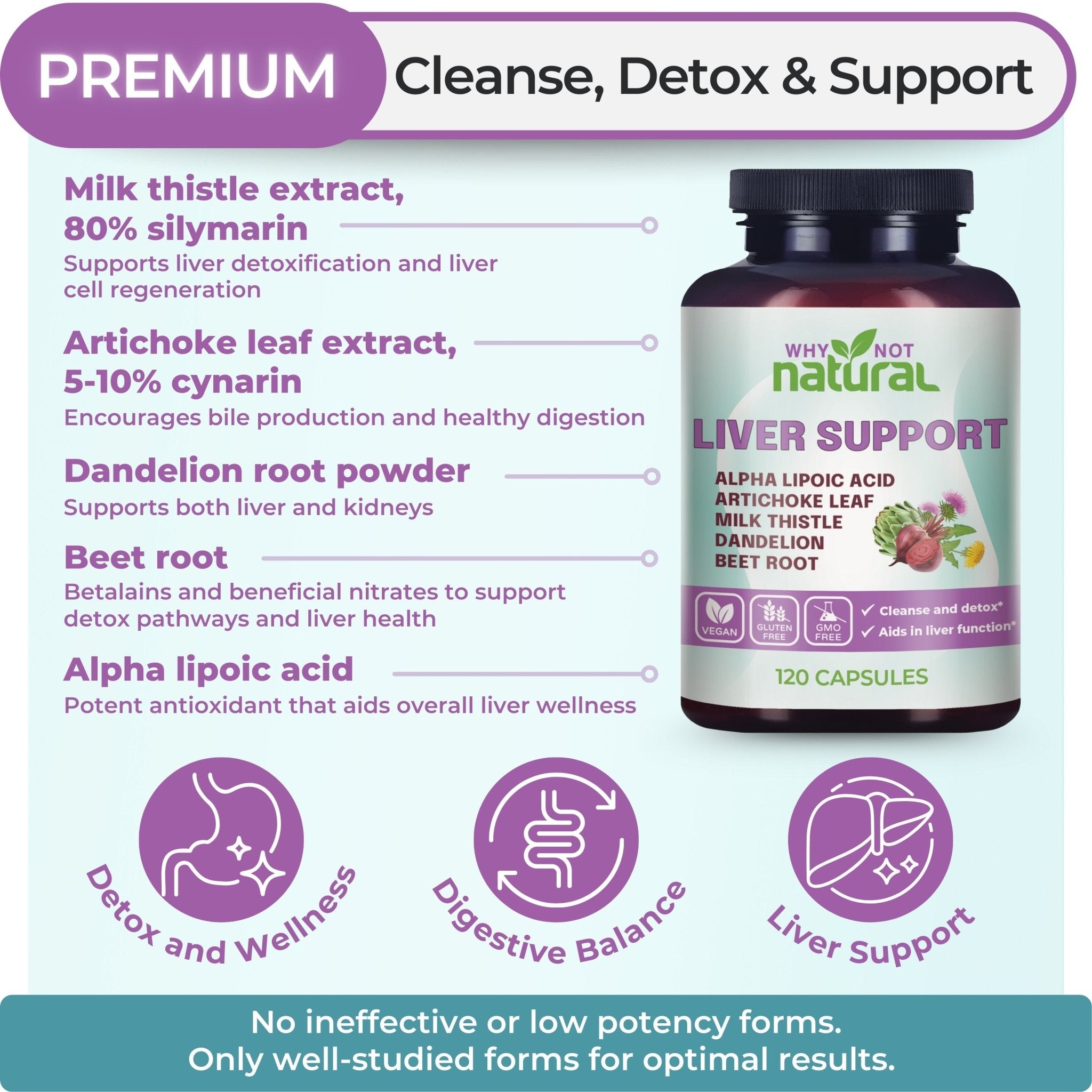 Liver support supplement bottle with ingredients listed on a light blue background