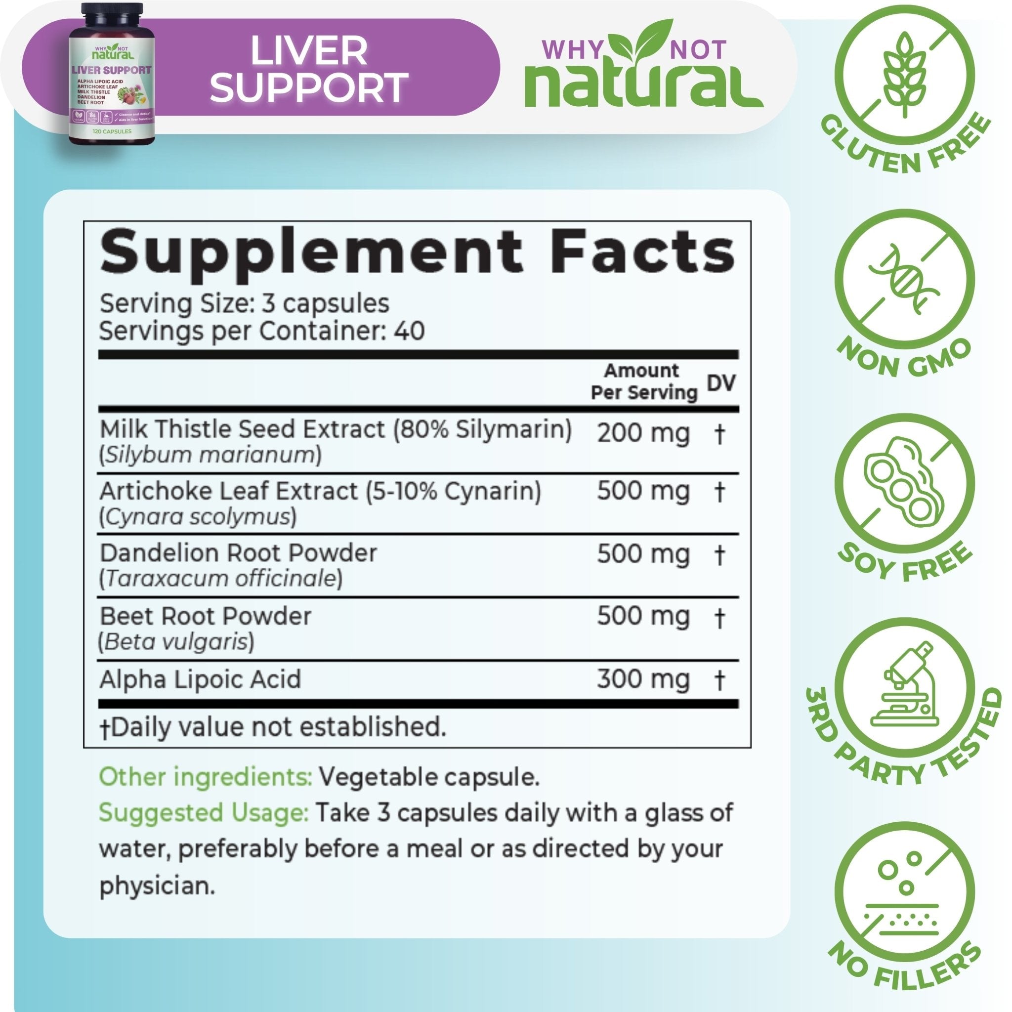 Supplement label for Liver Support with ingredients and benefits on a light blue background