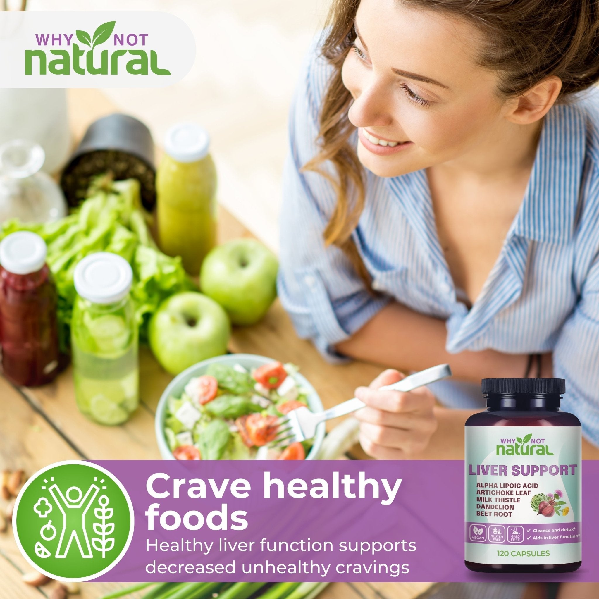 Woman eating a salad with health products and text about healthy cravings and liver support.