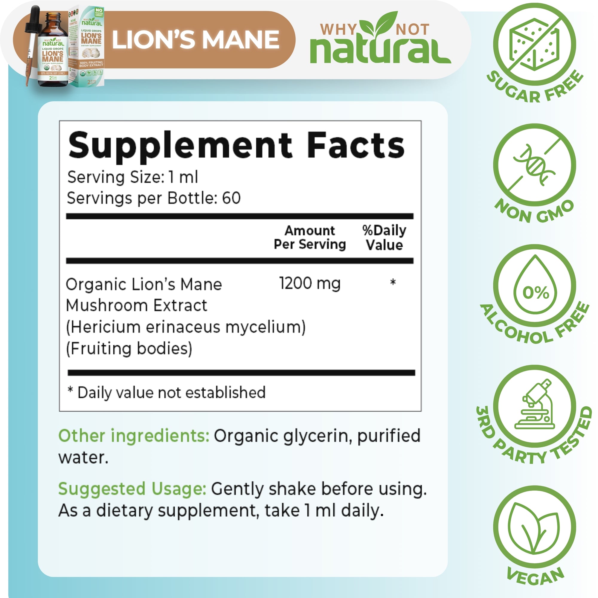 Lion's mane supplement facts panel showing 1200 mg per serving and 60 servings per bottle