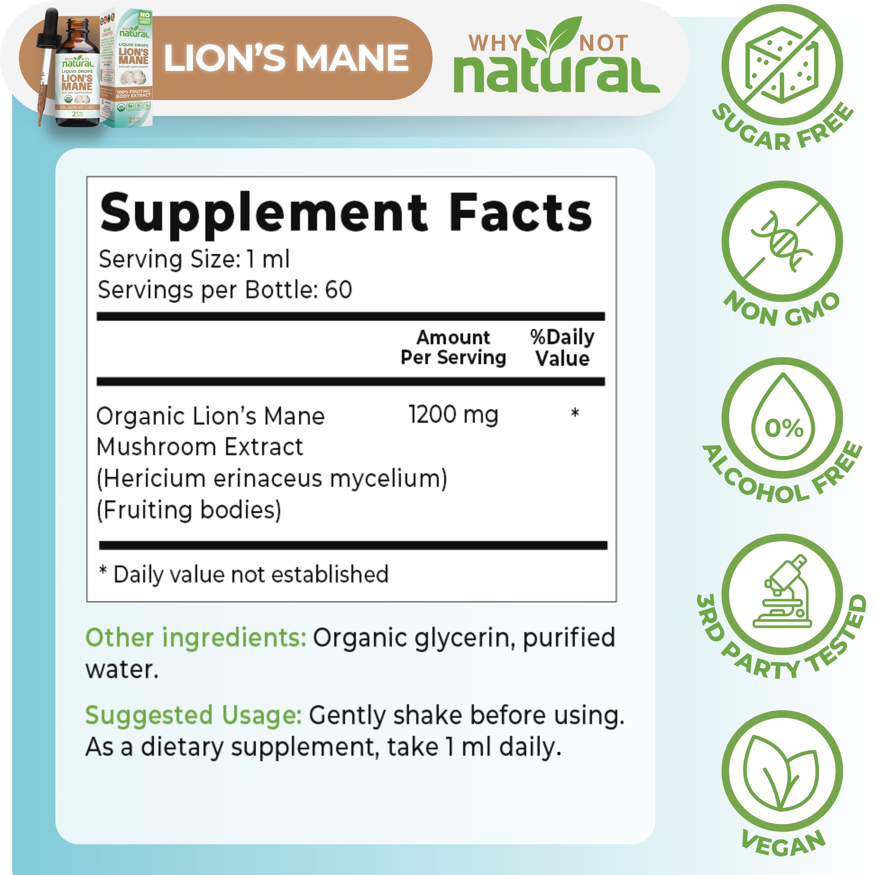 Lion's mane supplement facts panel showing 1200 mg per serving and 60 servings per bottle