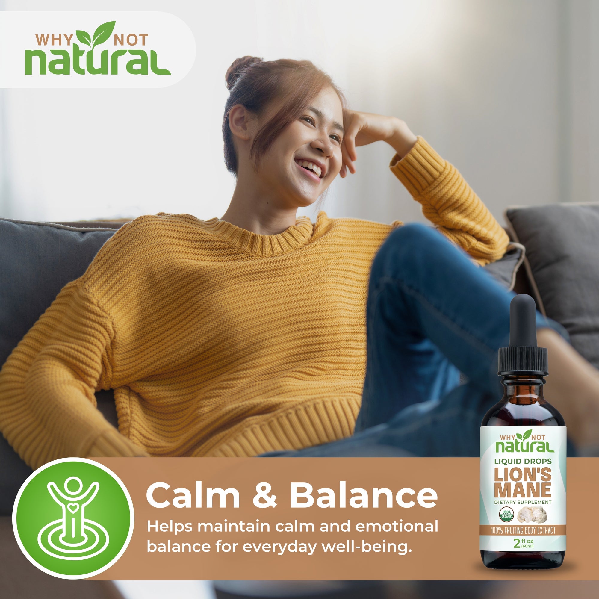 Woman sitting on couch smiling with bottle in foreground