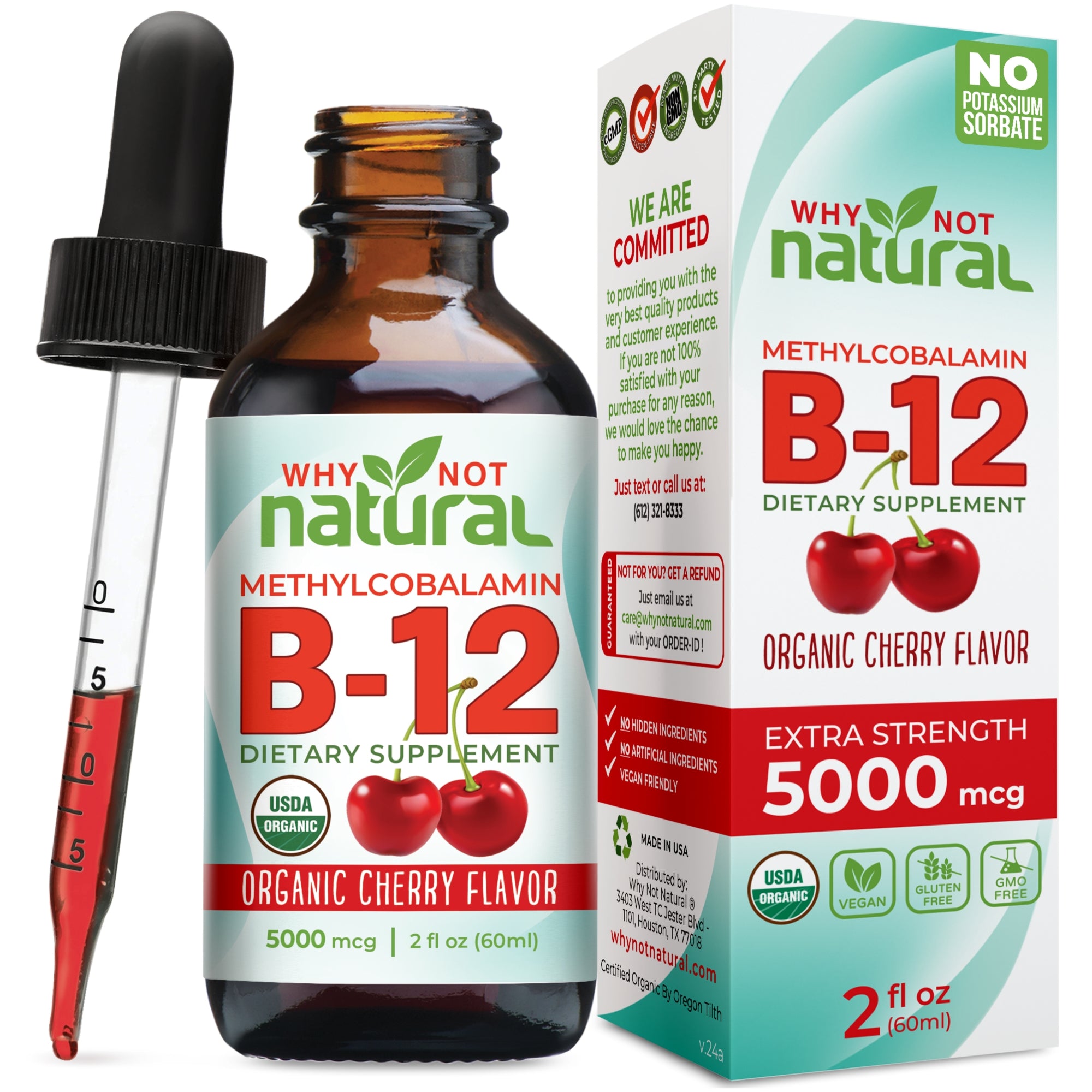 B-12 dietary supplement bottle and packaging with cherry flavor on a white background