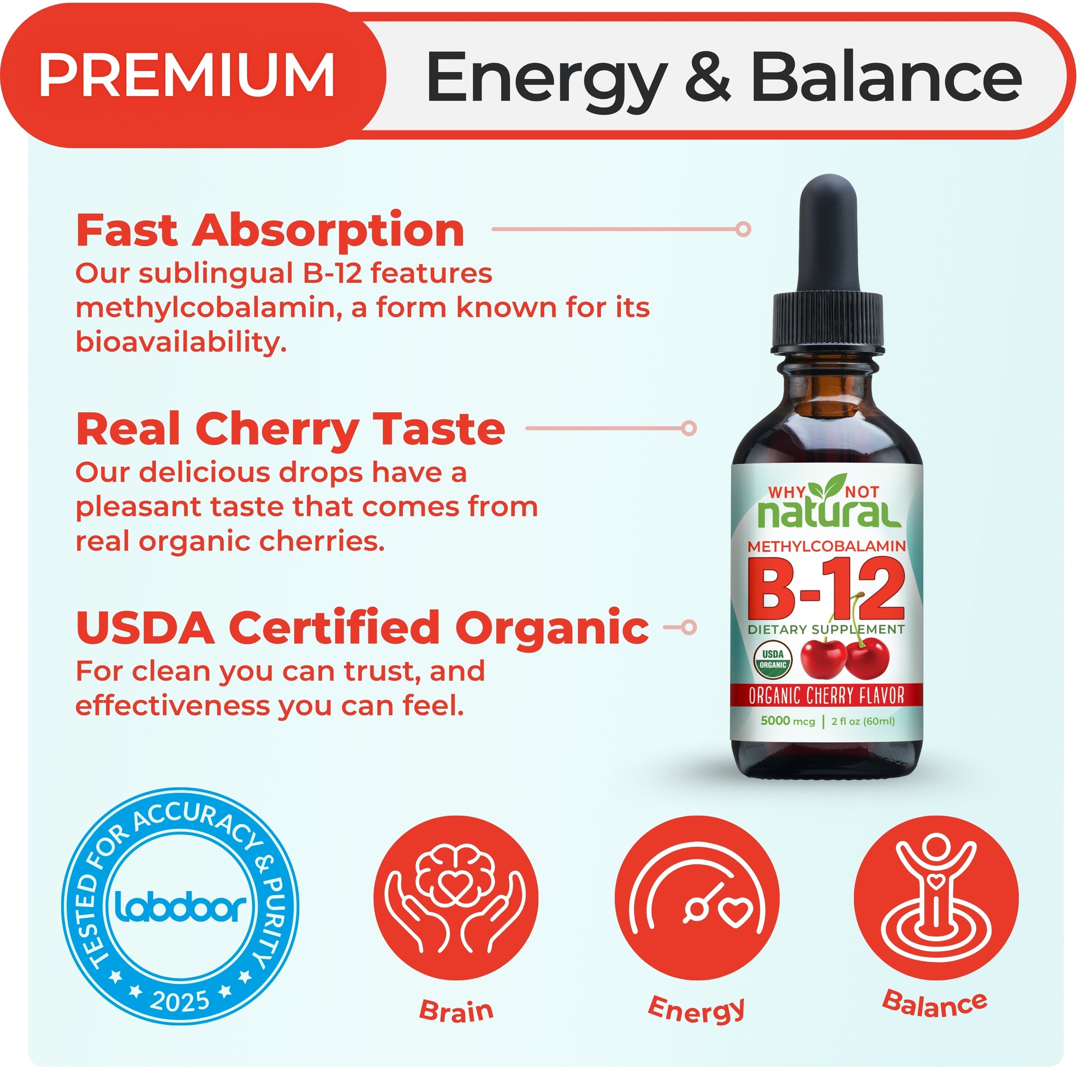 B12 supplement bottle with features and benefits on a light blue background