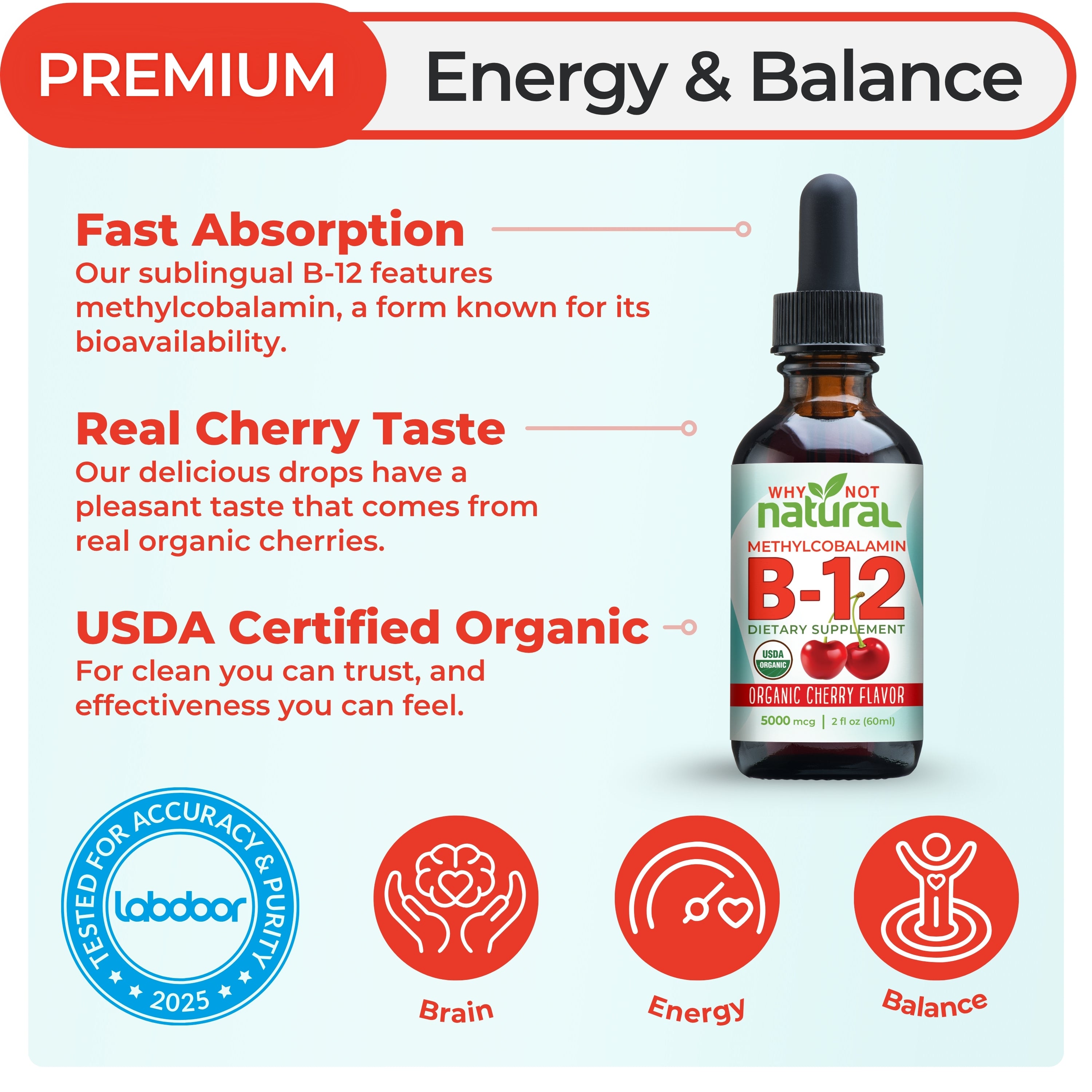 B12 supplement bottle with features and benefits on a light blue background