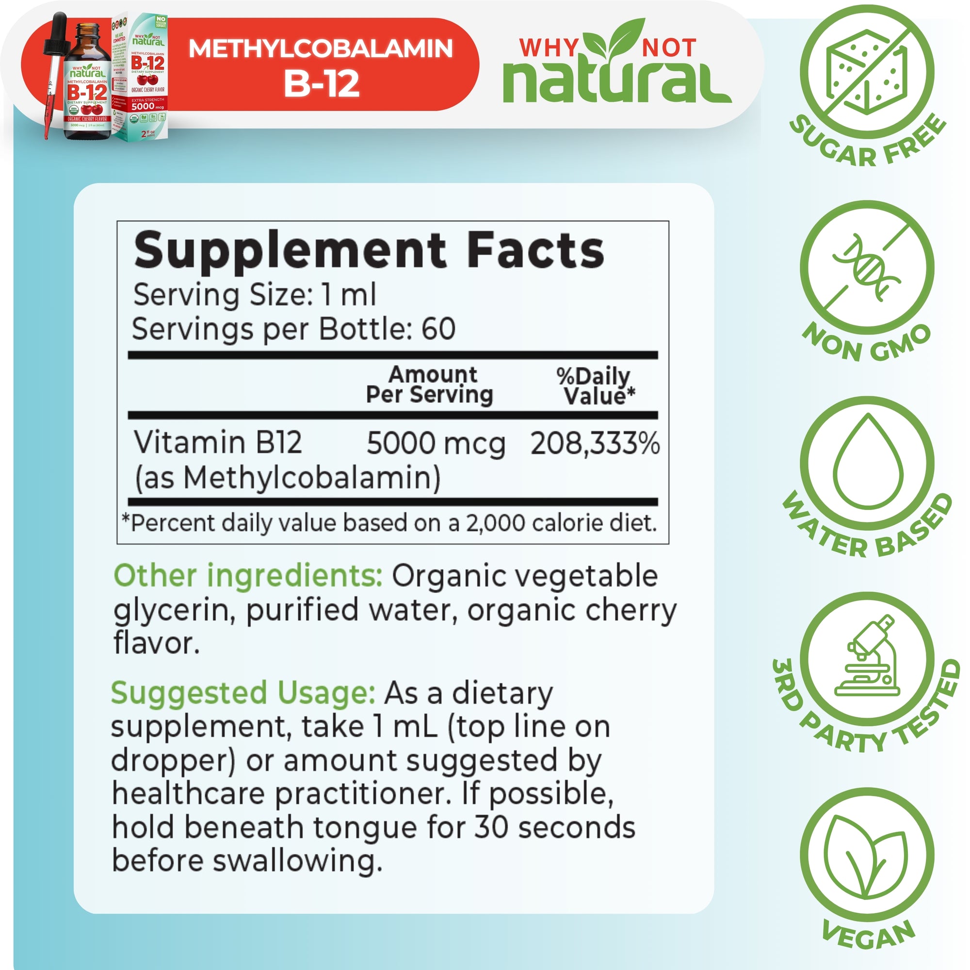 Supplement label for Methylcobalamin B-12 with branding and ingredient information on a light blue background.