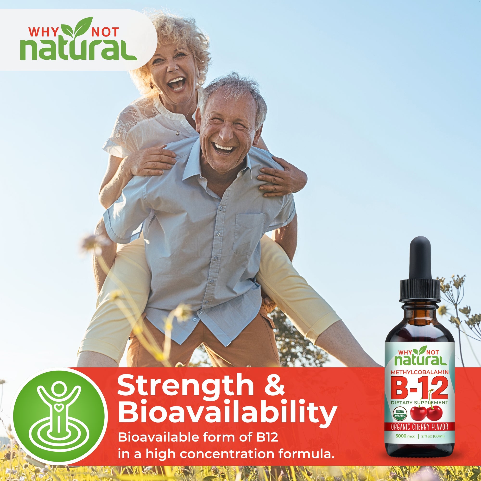 Advertisement for 'Why Not Natural' B12 supplement with a couple in a park.