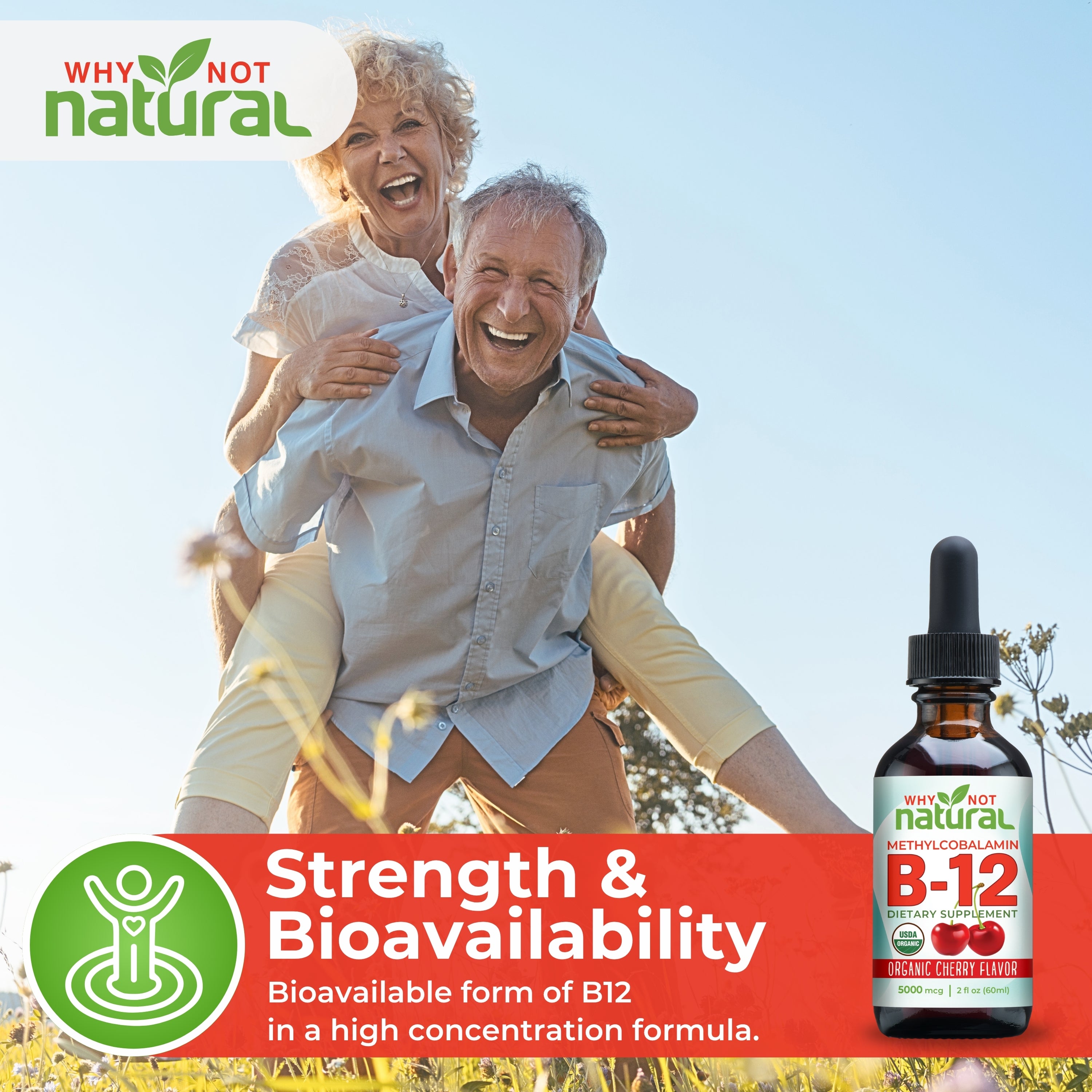 Advertisement for 'Why Not Natural' B12 supplement with a couple in a park.
