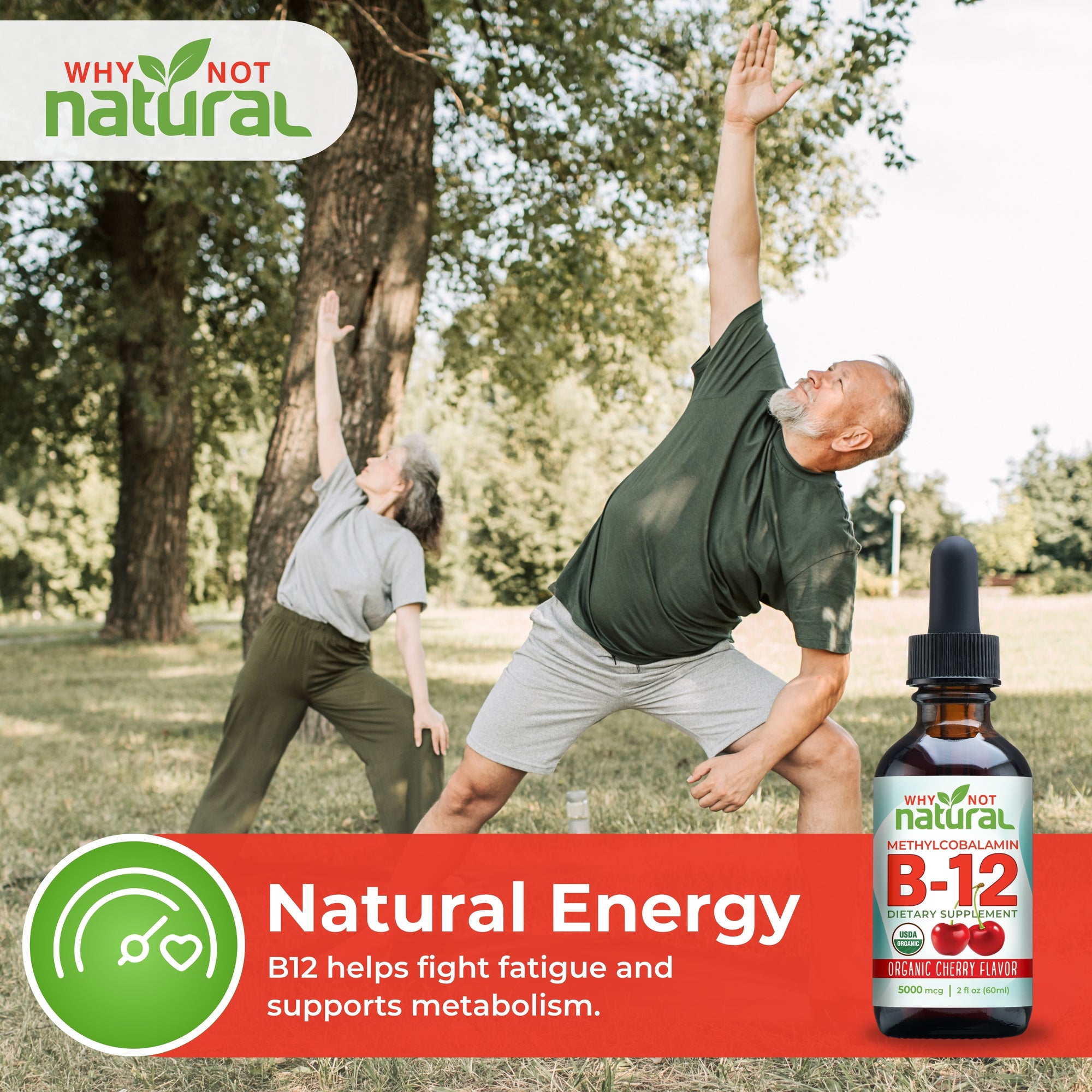 Two people exercising outdoors with a bottle of Why Not Natural B-12 supplement in the foreground.