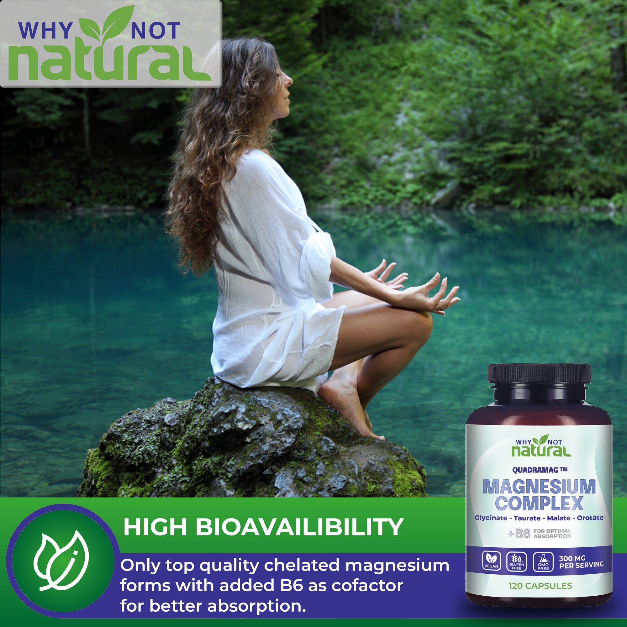 Woman sitting on rock meditating with bottle in foreground