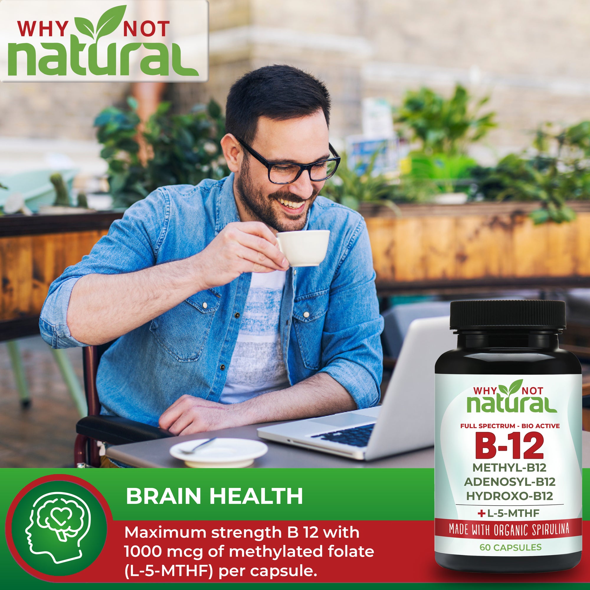 BRAIN HEALTH: Maximum strength B 12 with 1000 mcg of methylated folate (L-5-MTHF) per capsule.
Man drinking from cup and smiling at computer with bottle in foreground.