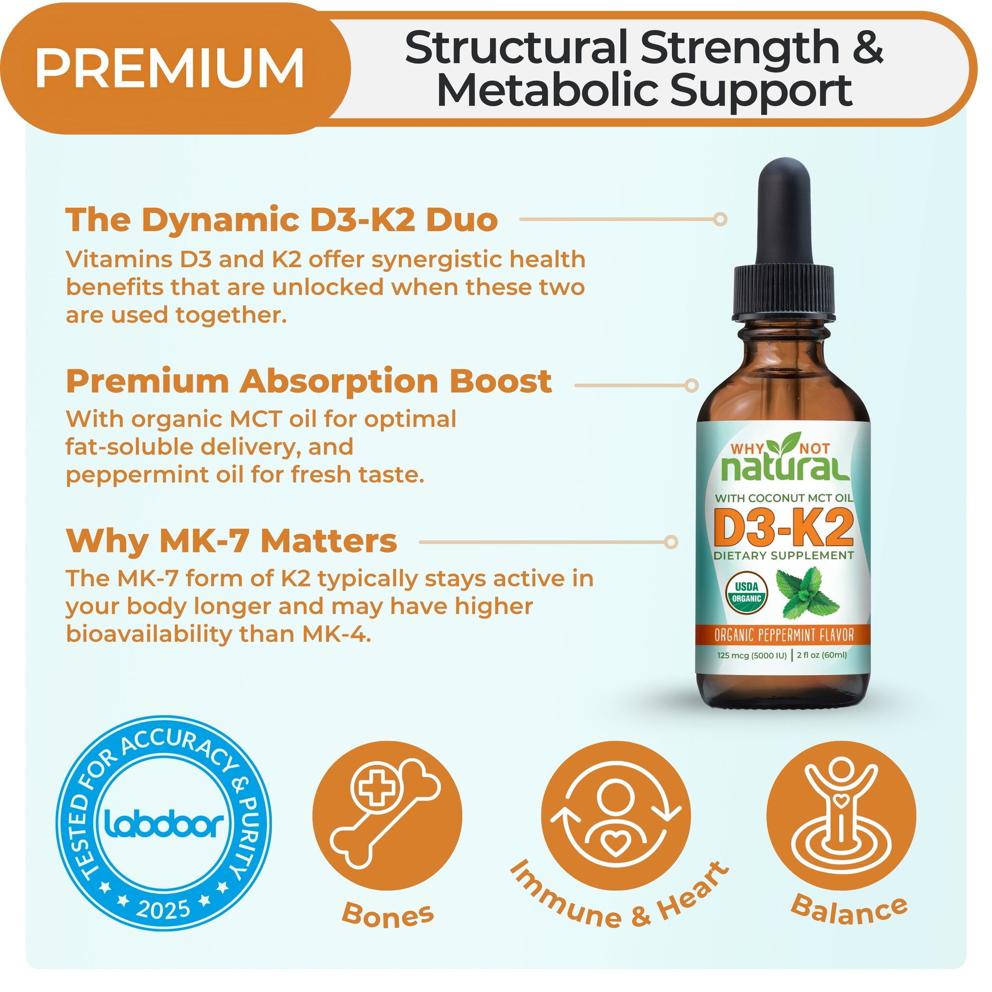 D3-K2 dietary supplement bottle with text on structural strength and metabolic support.