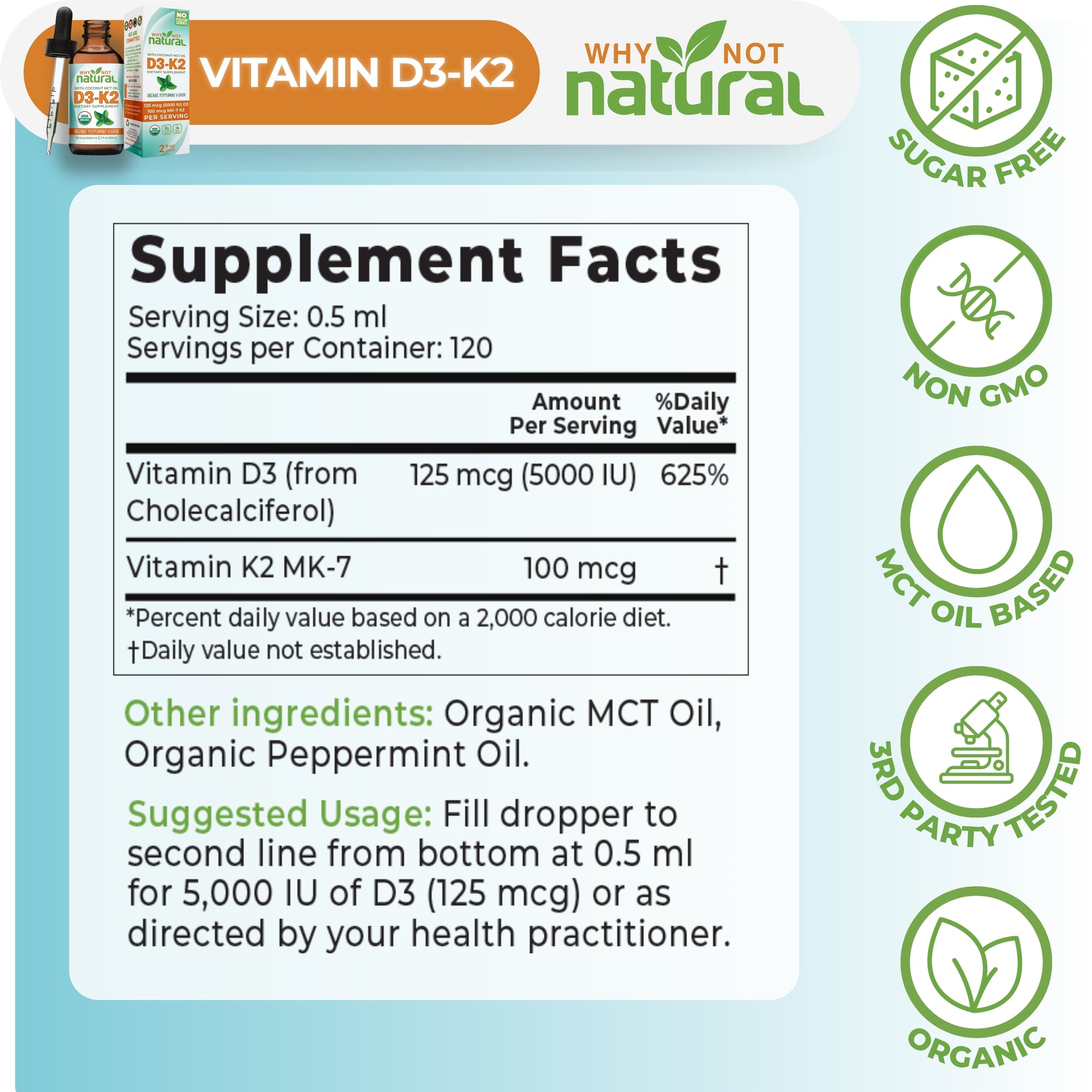 Supplement facts label for Vitamin D3-K2 with 'Why Not Natural' branding and product details.