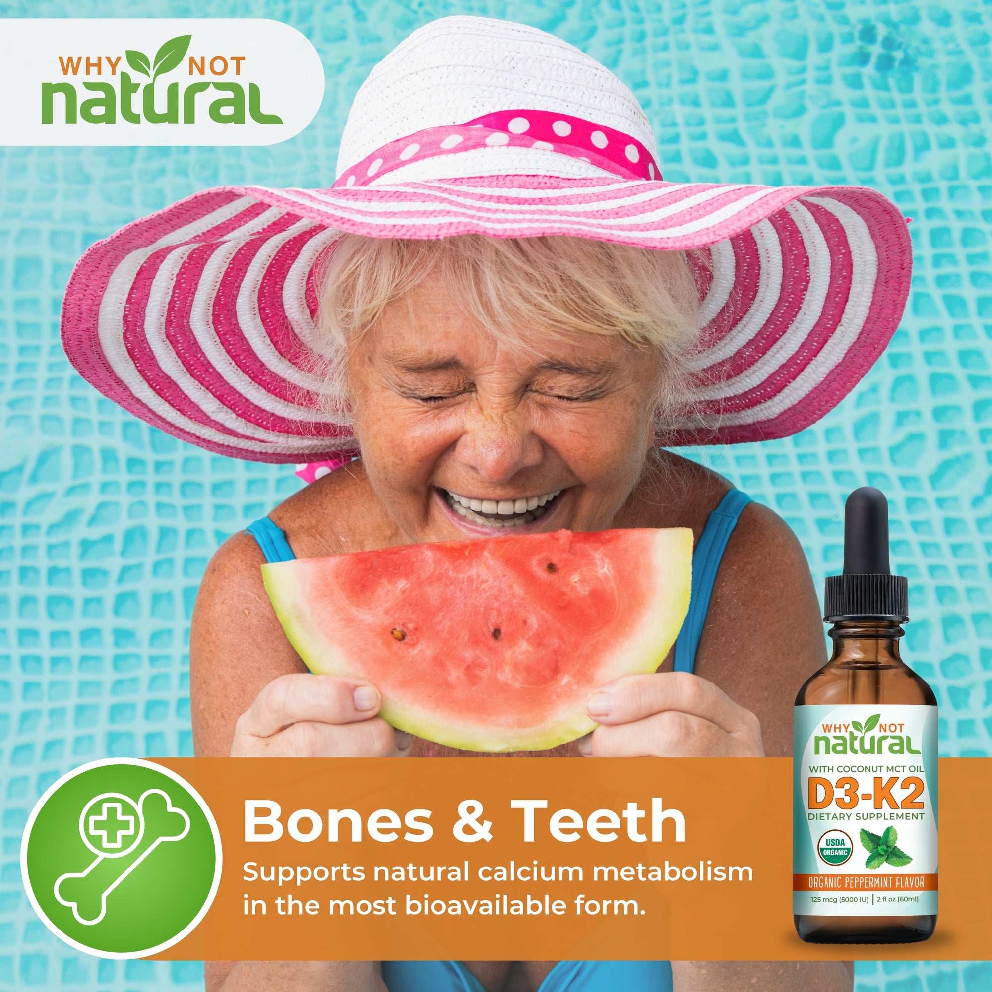 Woman eating watermelon with a bottle of 'Why Not Natural' D3-K2 supplement by a pool.