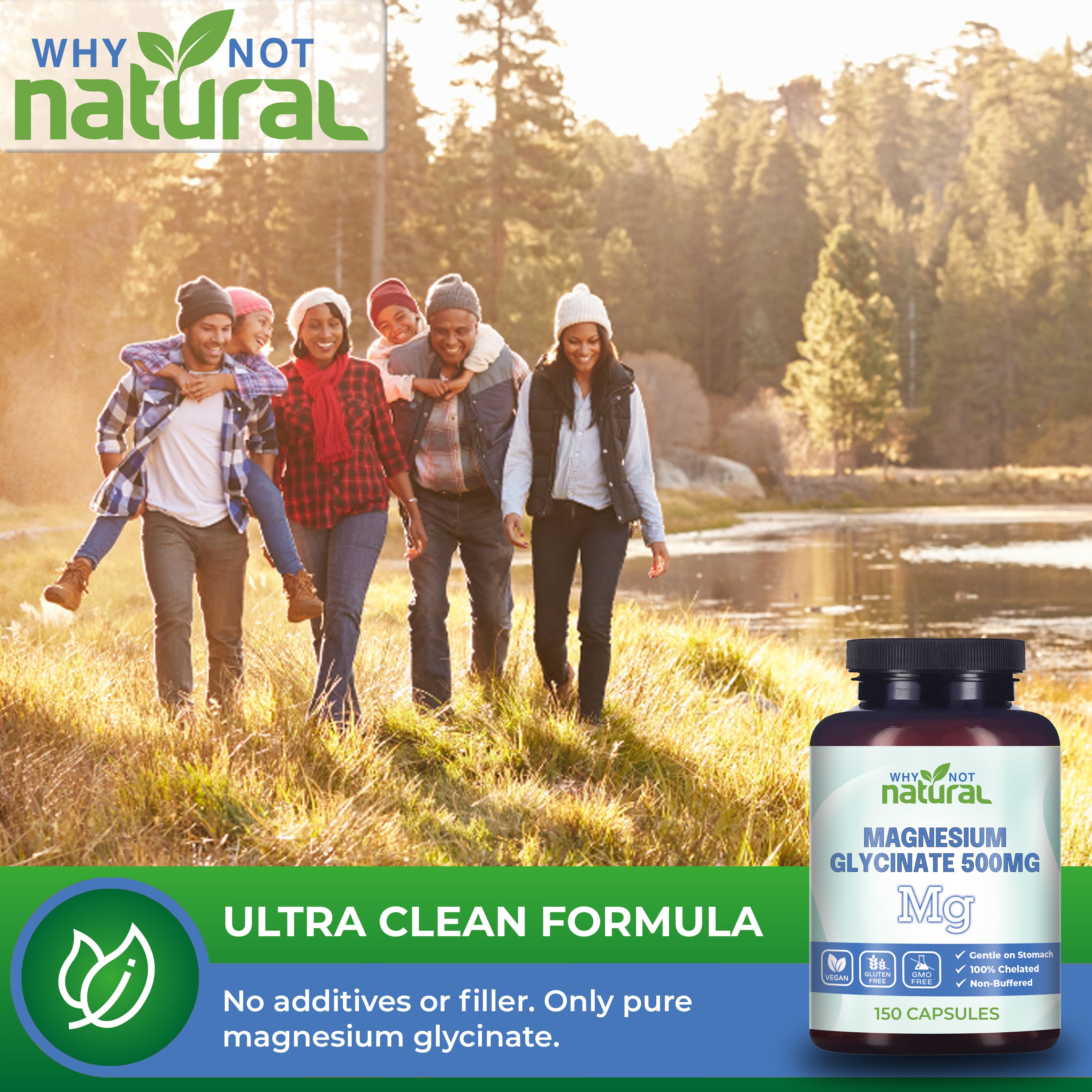 ULTRA CLEAN FORMULA: No additives or filler. Only pure magnesium glycinate.
Families hiking together.