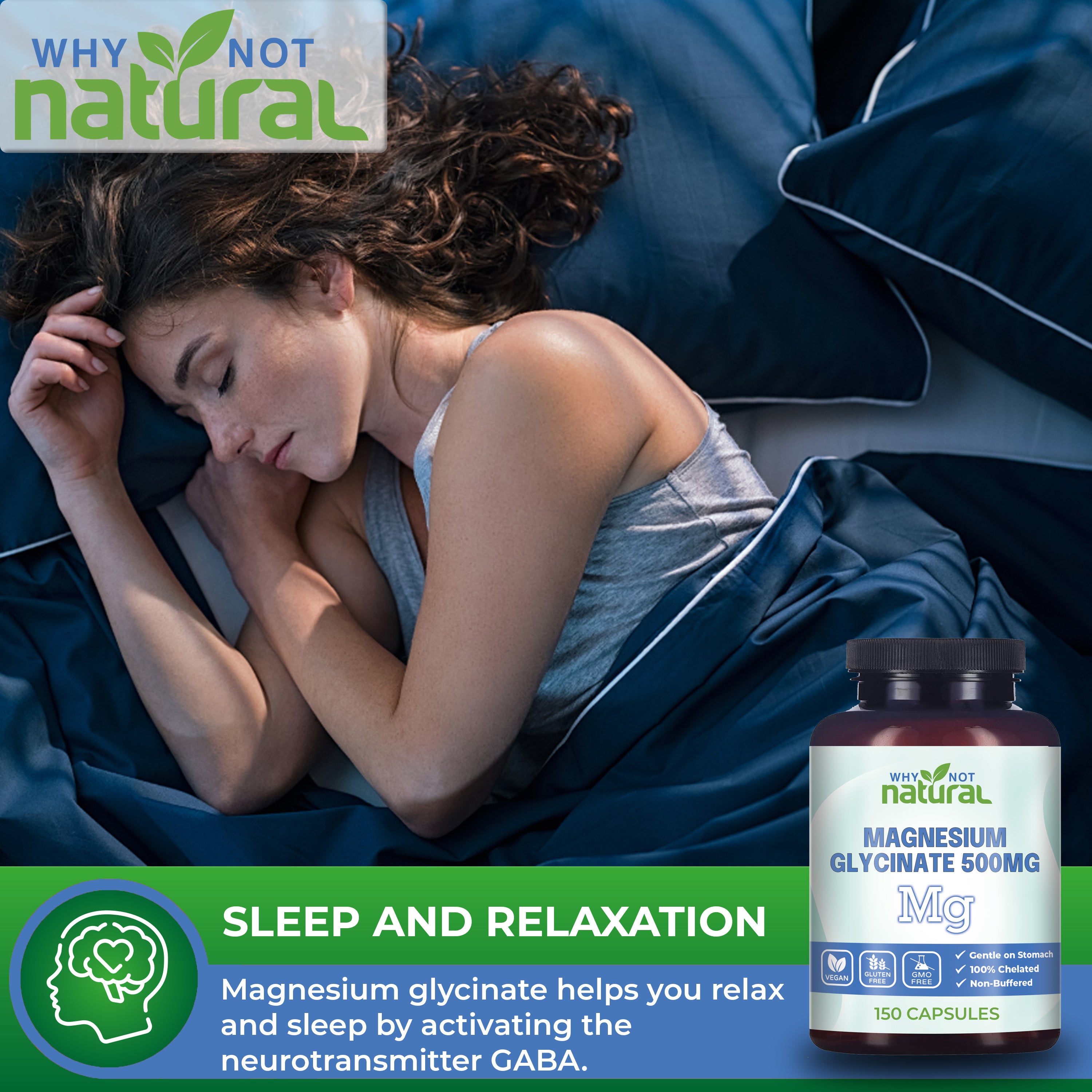 SLEEP AND RELAXATION: Magnesium glycinate helps you relax and sleep by activating the neurotransmitter GABA.
Woman sleeping in bed.