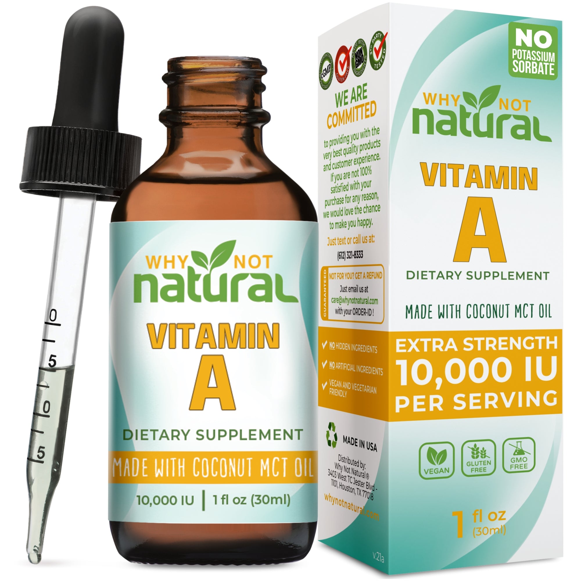 Vitamin A dietary supplement bottle and packaging with dropper and 'Why Not Natural' branding.