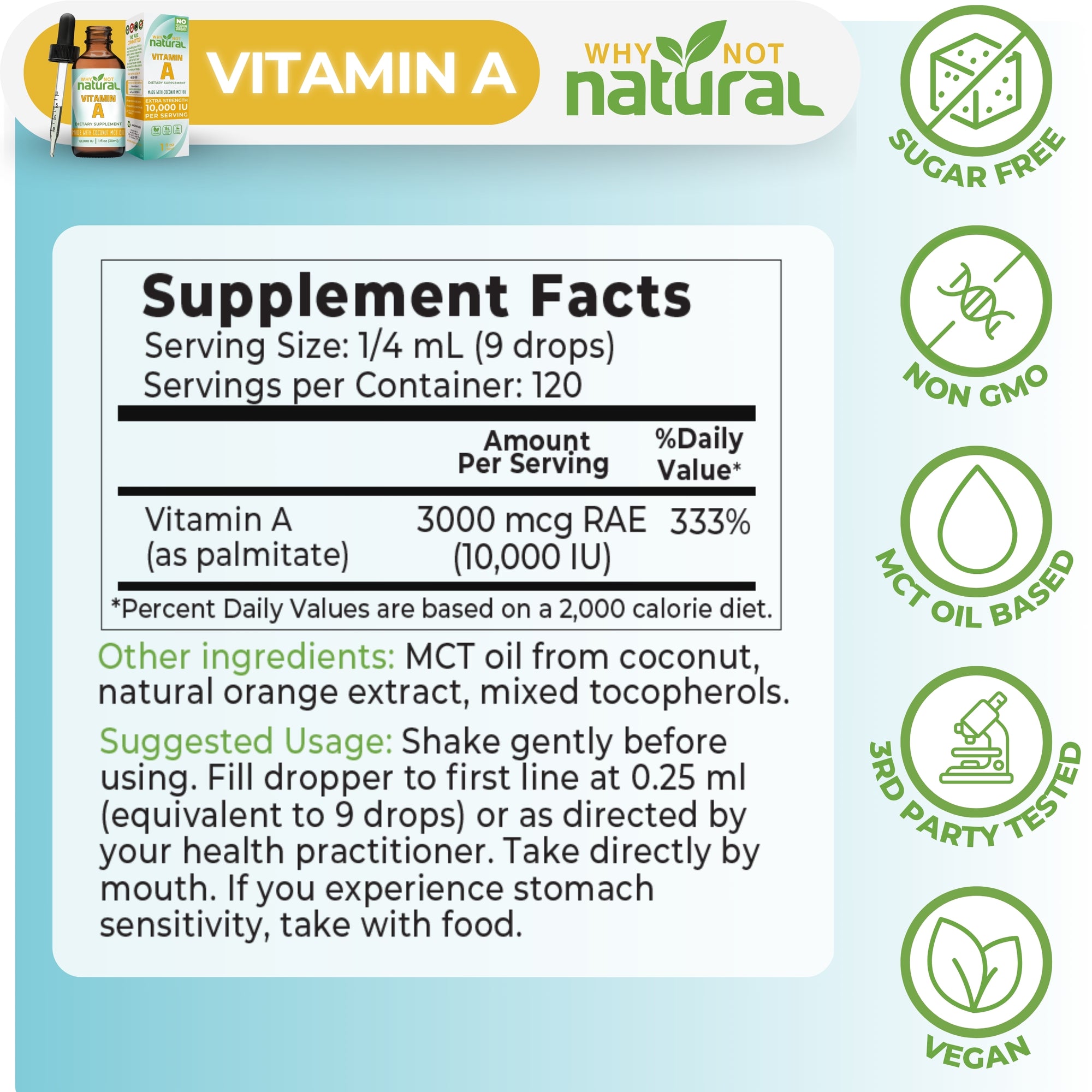 Vitamin A supplement label with supplement facts and product details on a light blue background.