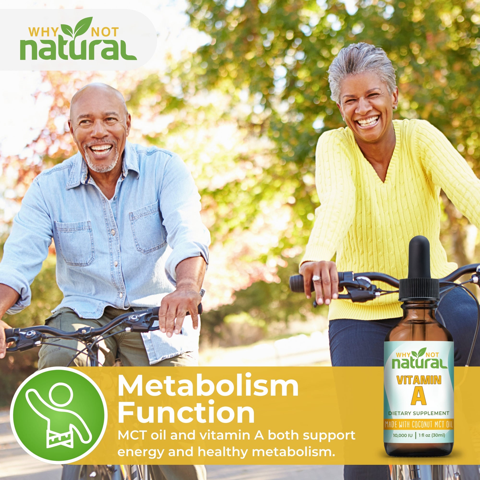 Two people riding bicycles outdoors with a supplement bottle labeled 'Why Not Natural' in the foreground.