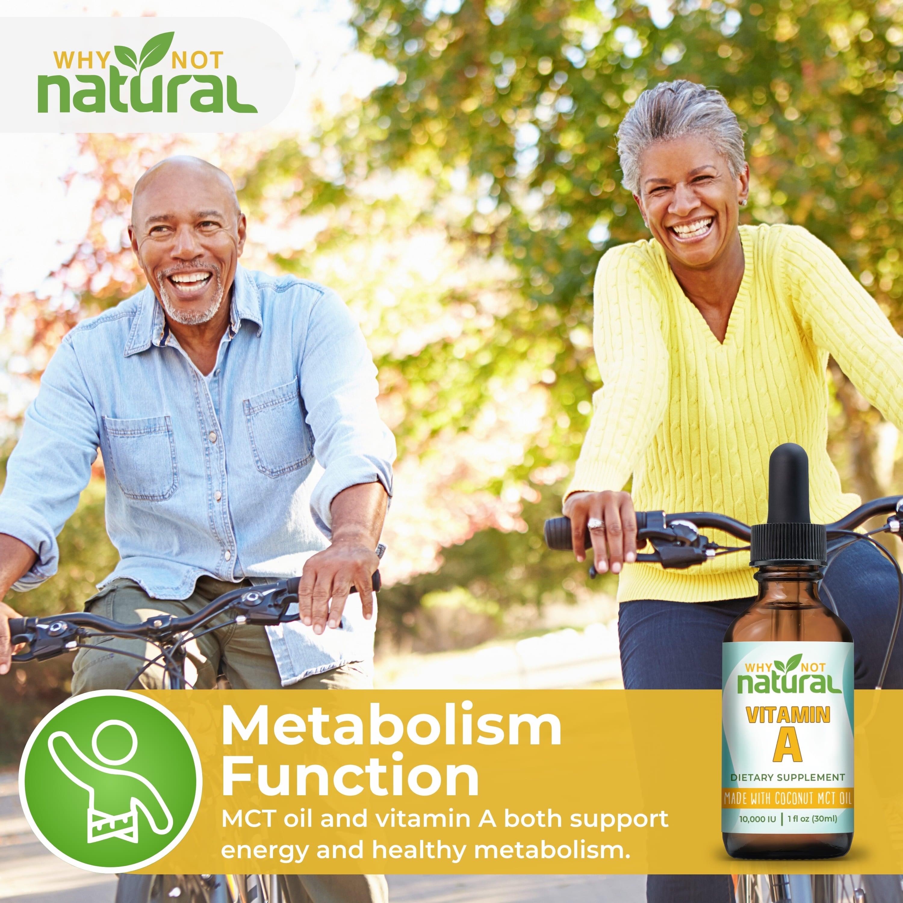Two people riding bicycles outdoors with a supplement bottle labeled 'Why Not Natural' in the foreground.