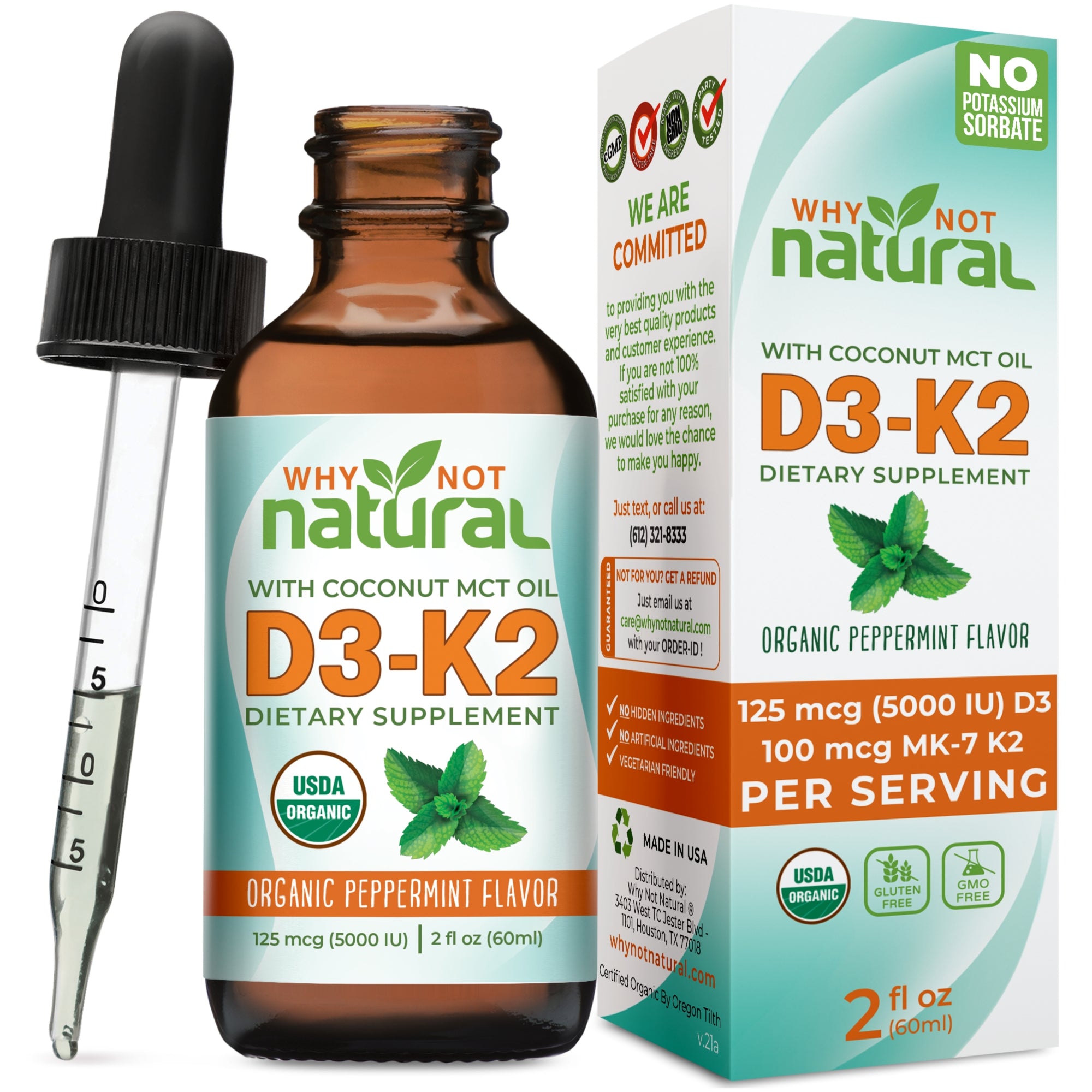 Why Not Natural D3-K2 dietary supplement bottle and packaging on a white background