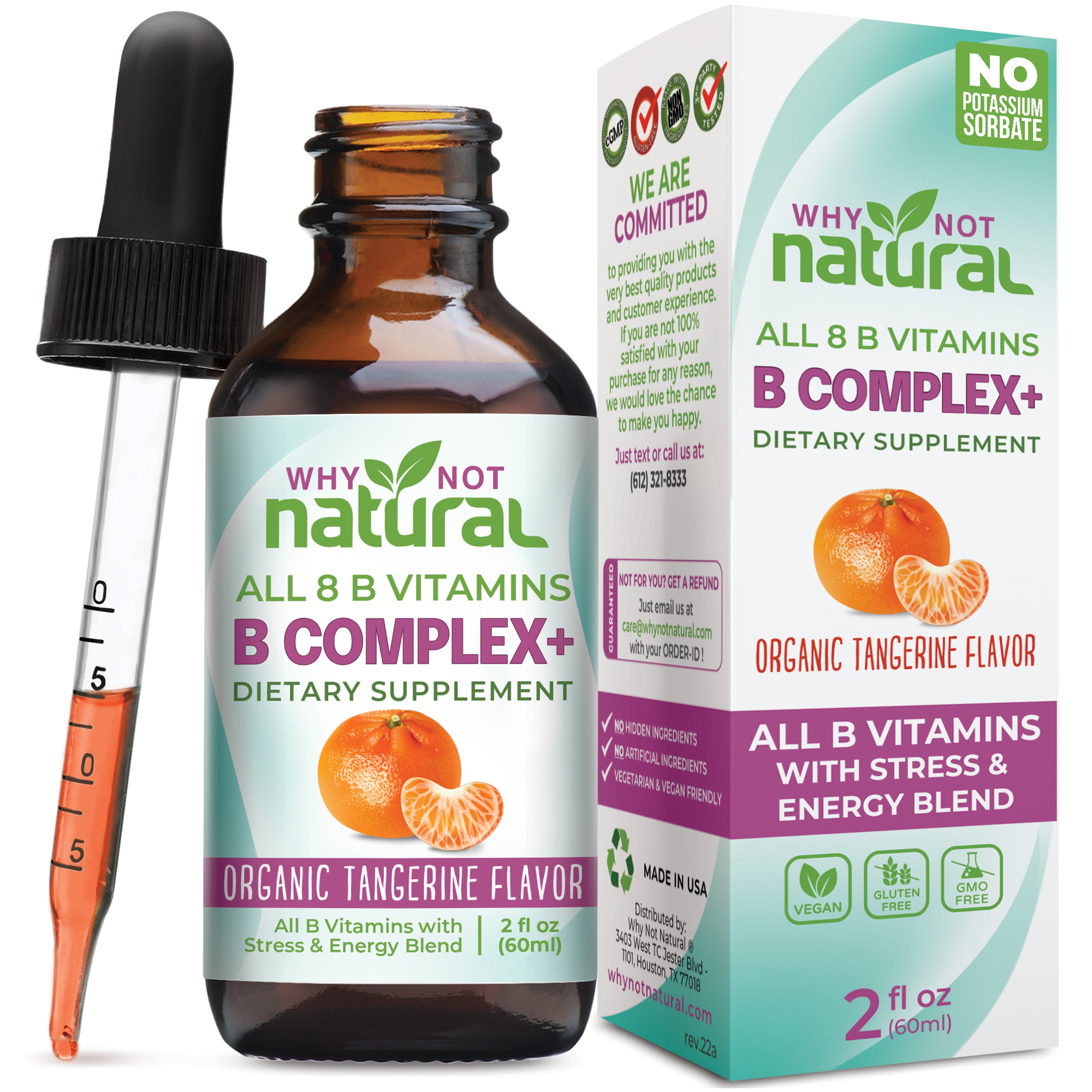 B Complex dietary supplement bottle and packaging with dropper and tangerine flavor label.