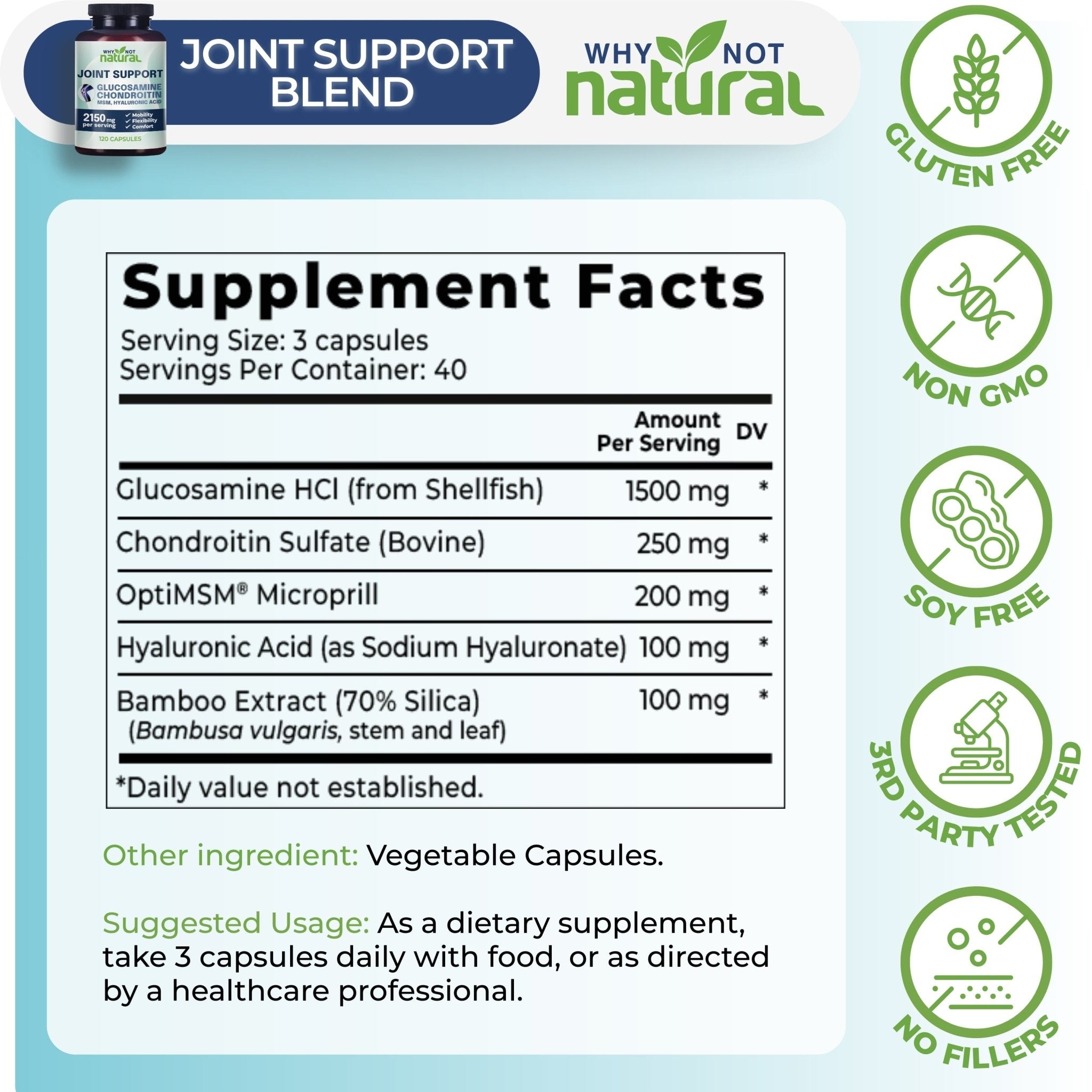 Supplement facts label for a joint support blend with visible branding and certification icons.
