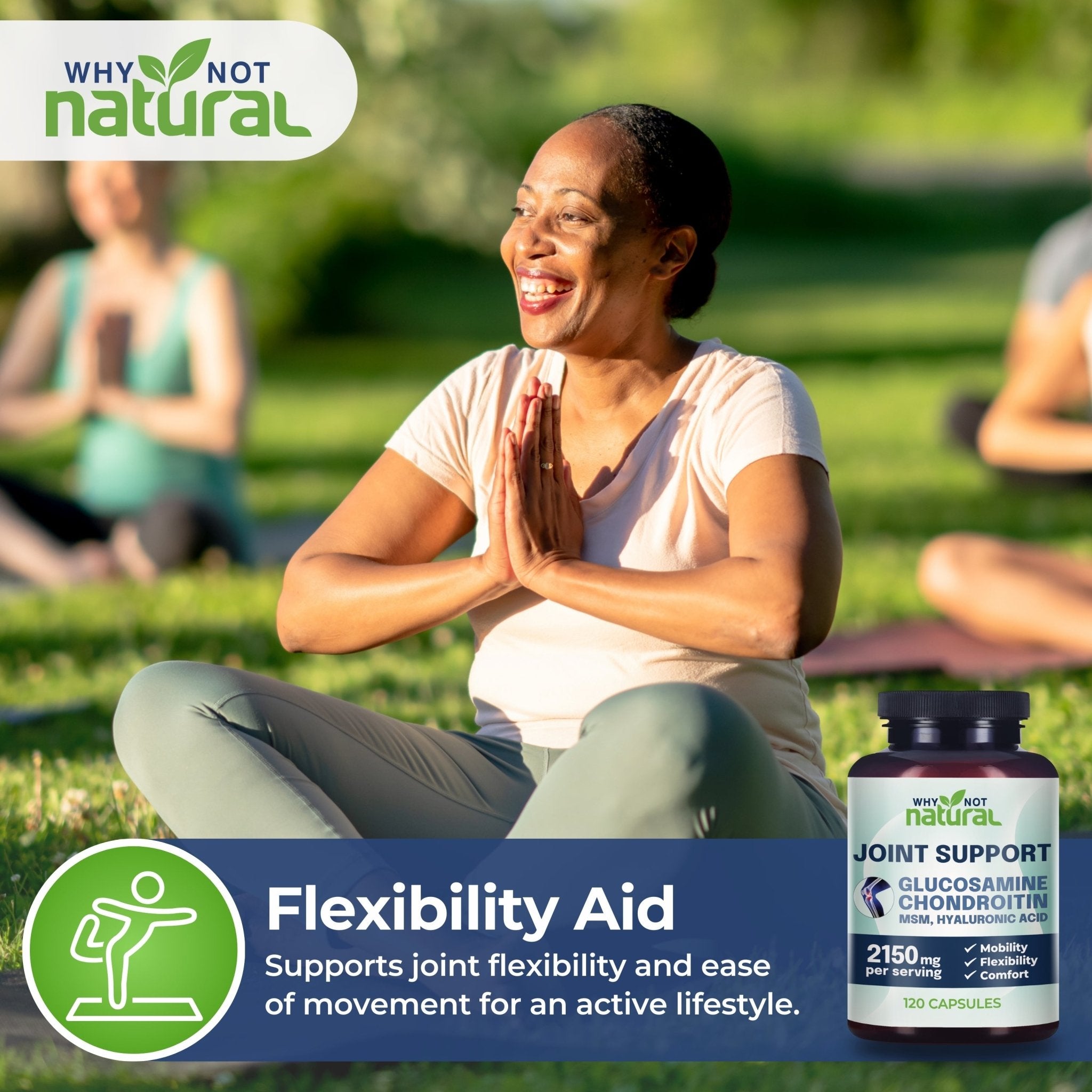 Woman practicing yoga outdoors with a supplement bottle labeled 'Why Not Natural' on a grassy background.