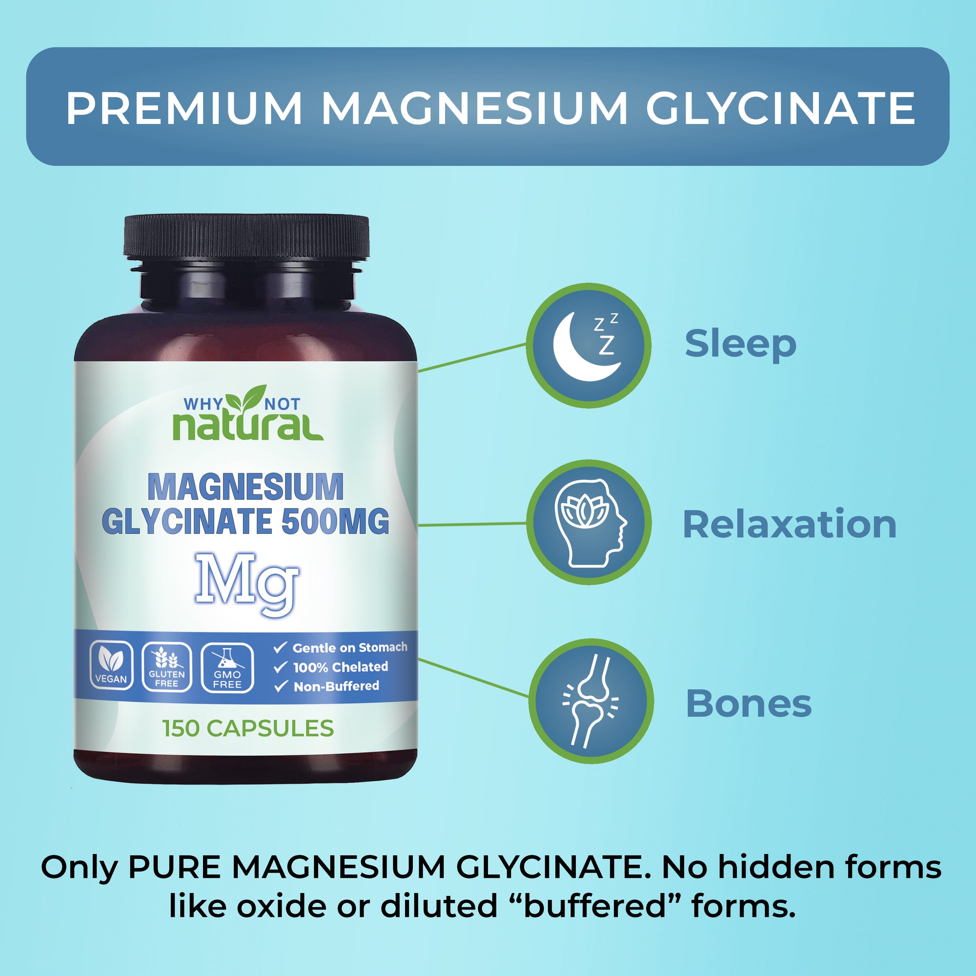 Bottle of magnesium glycinate with icons for sleep (moon), relaxation (person's head with flower), and bones (bones).