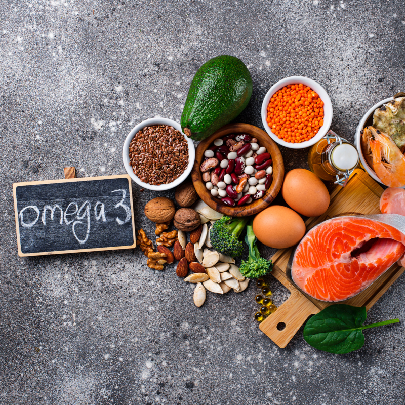 Sources of omega-3 such as fish, nuts, avocado and others.