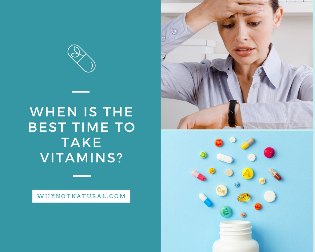 When is the best time to take vitamins? In text with woman checking her watch and looking concerns, and a bottle of vitamins spilled on a blue surface