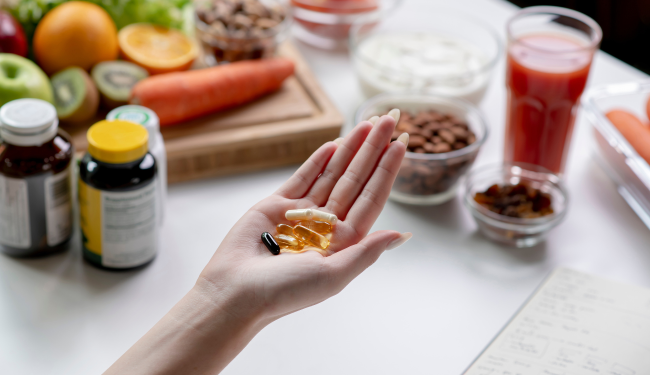 A woman's hand holding various supplements.