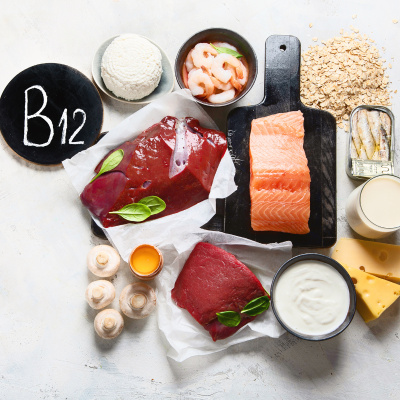 A variety of foods that are rich in vitamin B12, including meat, fish, dairy products, and fortified cereals.