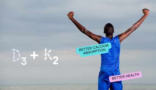 An athletic man with his arms raised, with images and text about vitamin D3 and K2, which improve calcium absorption and promote health.