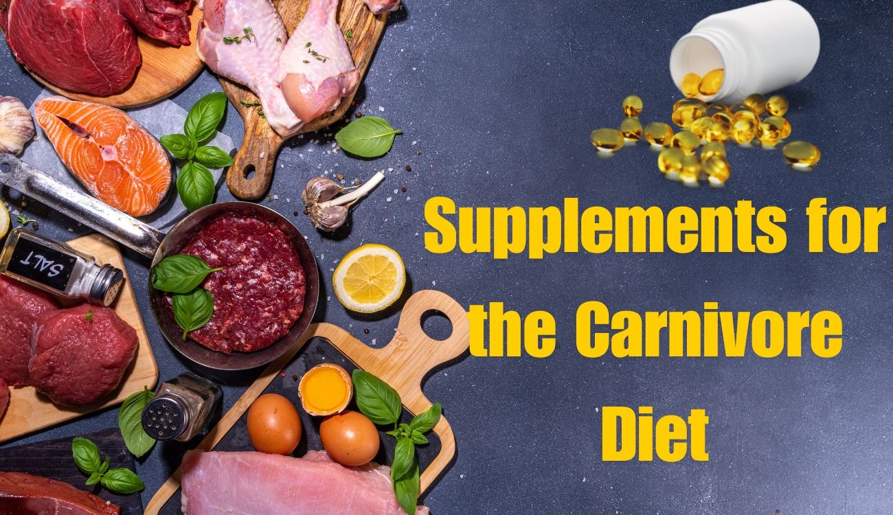 A variety of food and supplements designed for the carnivore diet, including vitamins and minerals for optimal health.