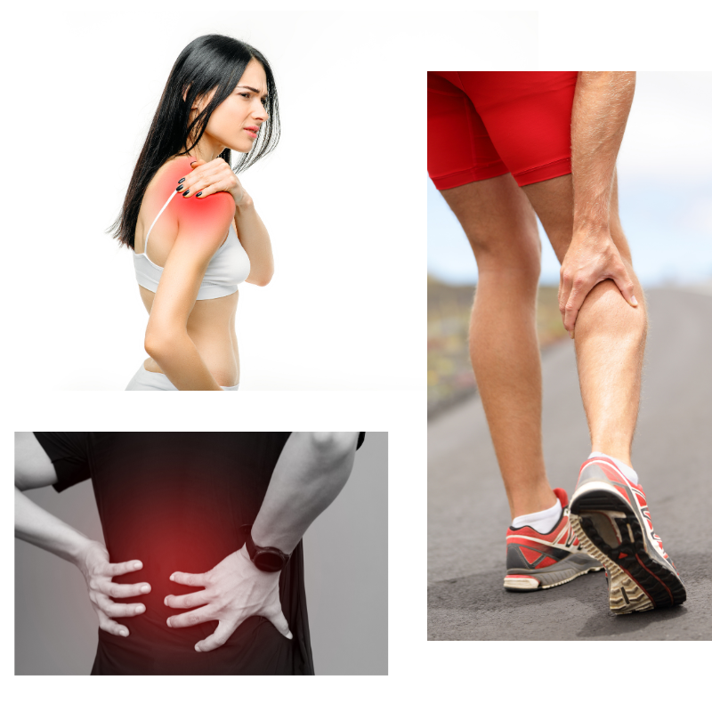 Images with muscle cramps, one in the shoulder, one in the back and one in the back of the leg.