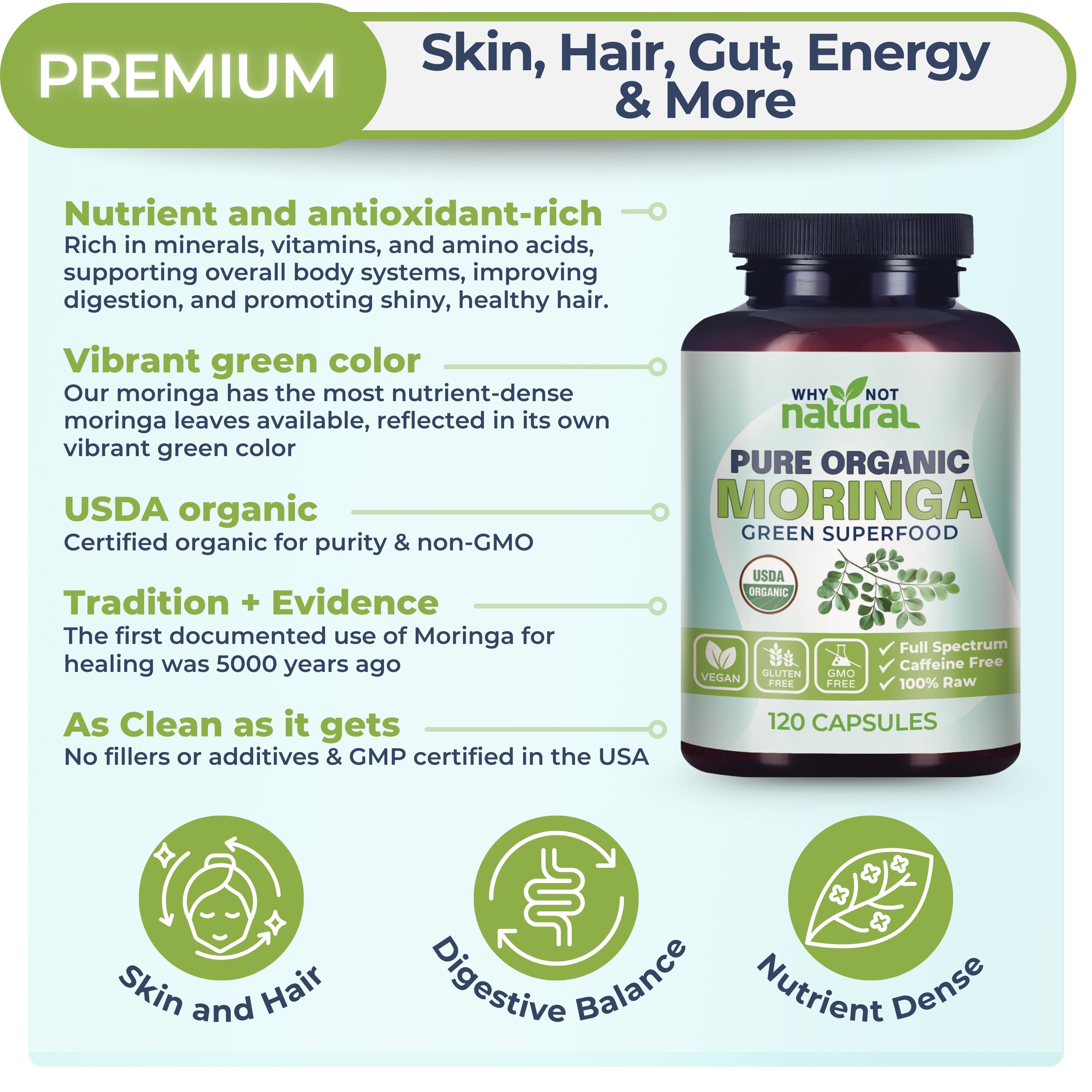 Pure Organic Moringa supplement bottle with product details on a light blue background