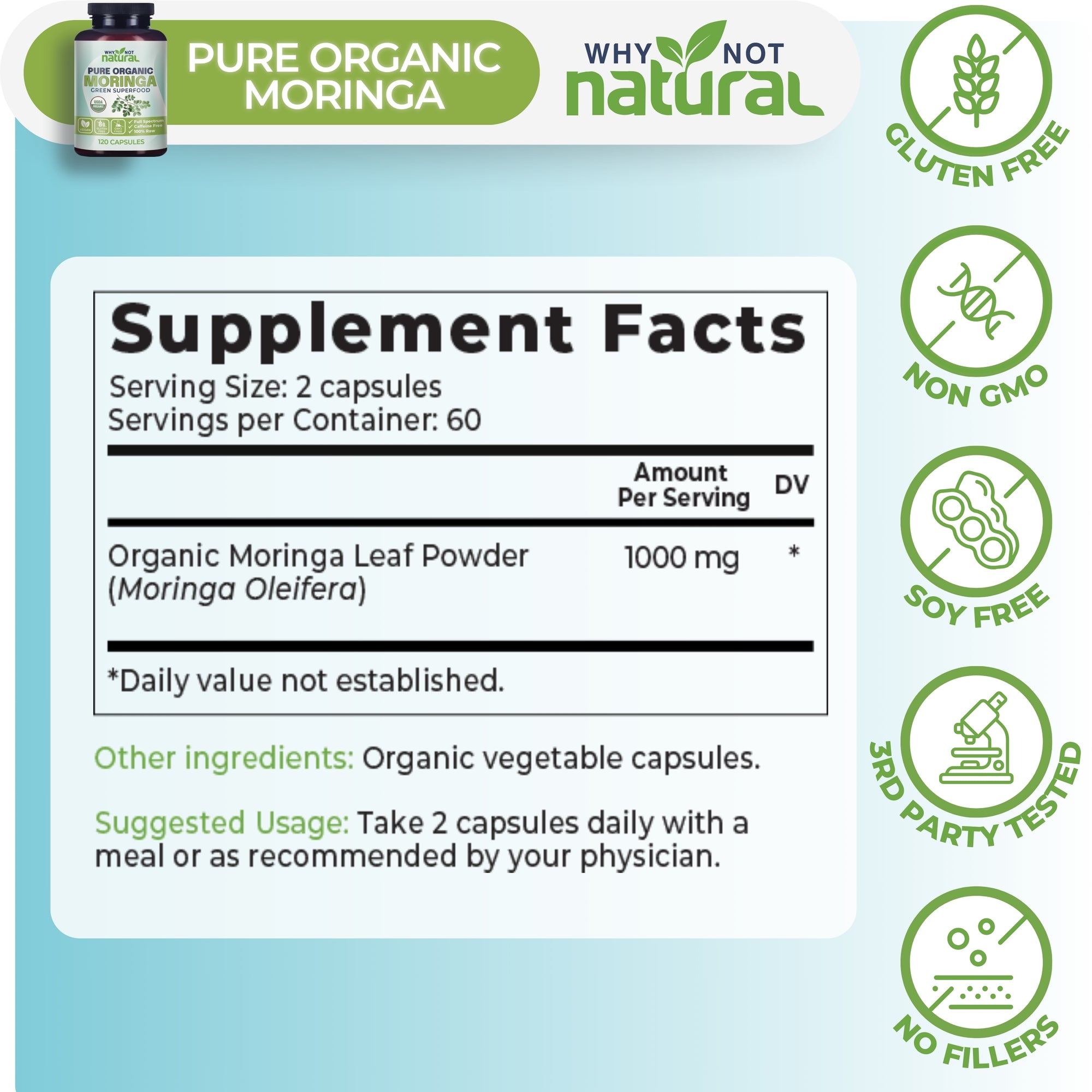 Supplement facts label for Pure Organic Moringa with certification icons on a light blue background.