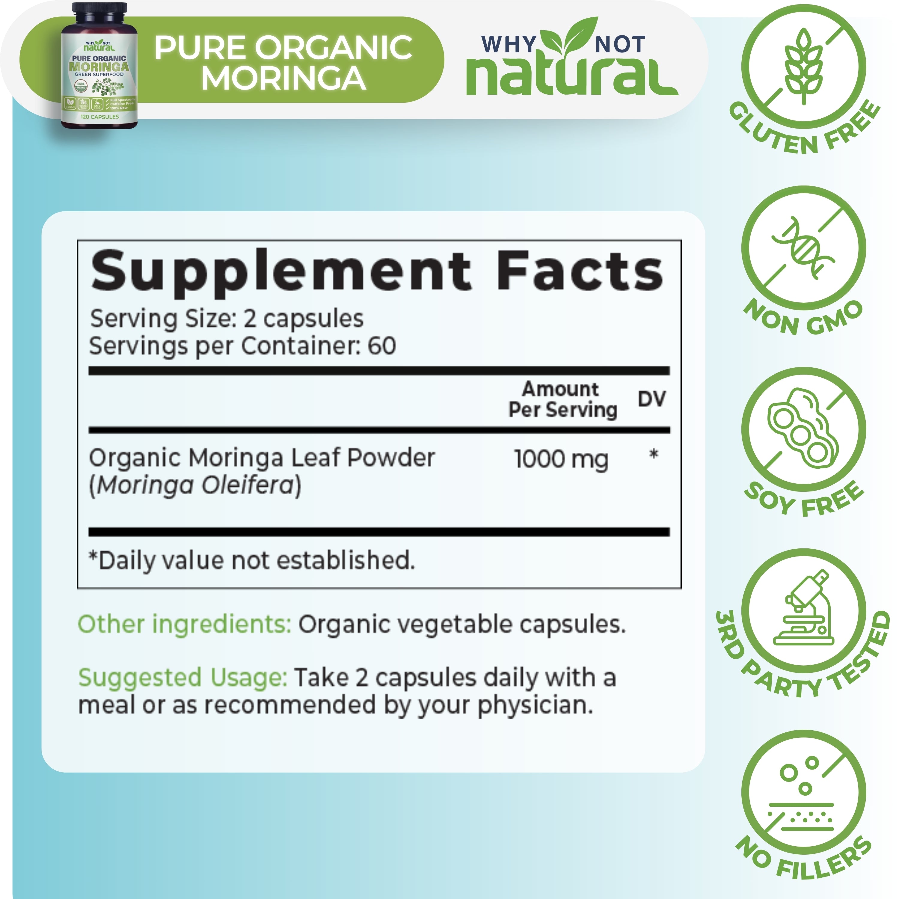 Supplement facts label for Pure Organic Moringa with certification icons on a light blue background.