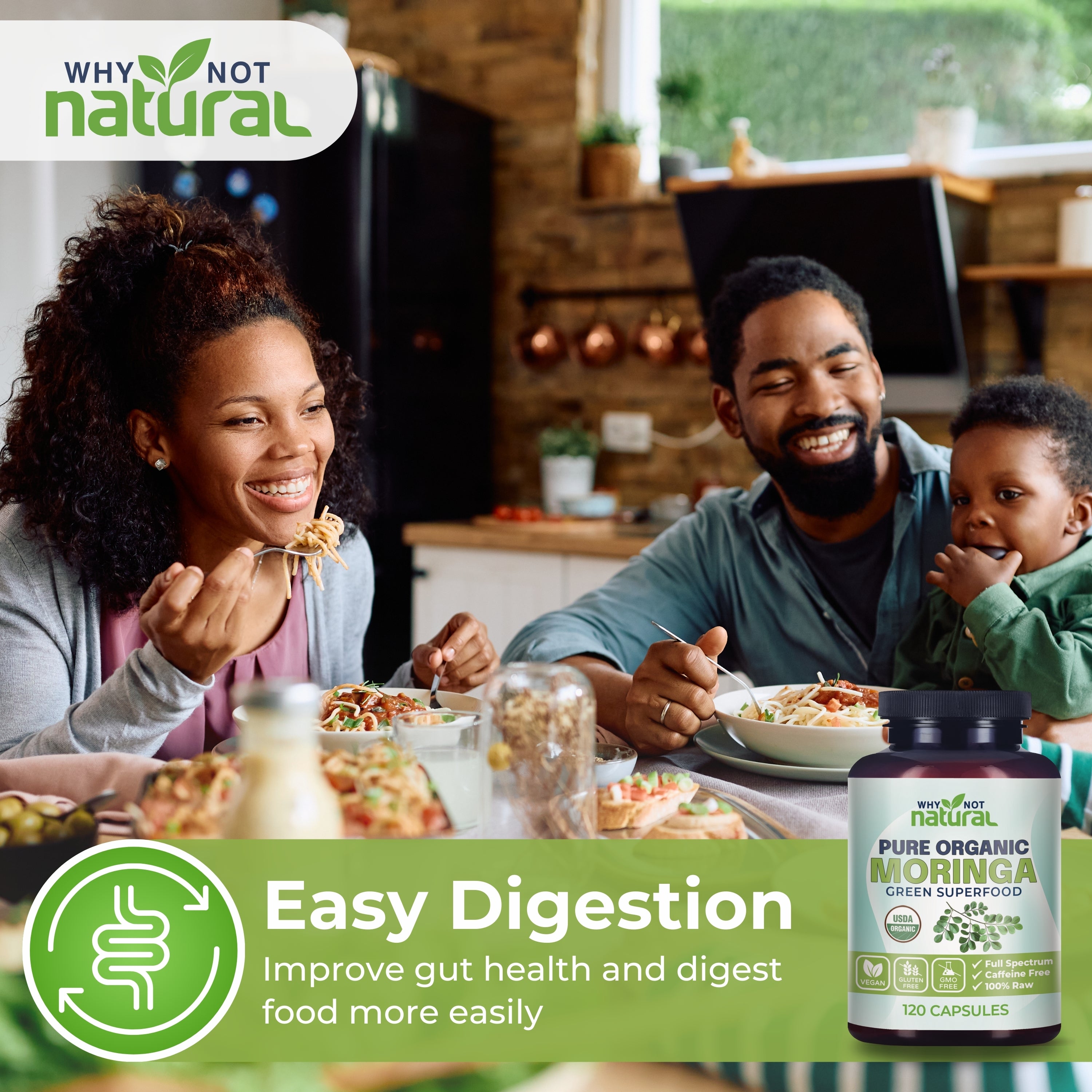 Family enjoying a meal together with a supplement bottle labeled 'Why Not Natural' in foreground.