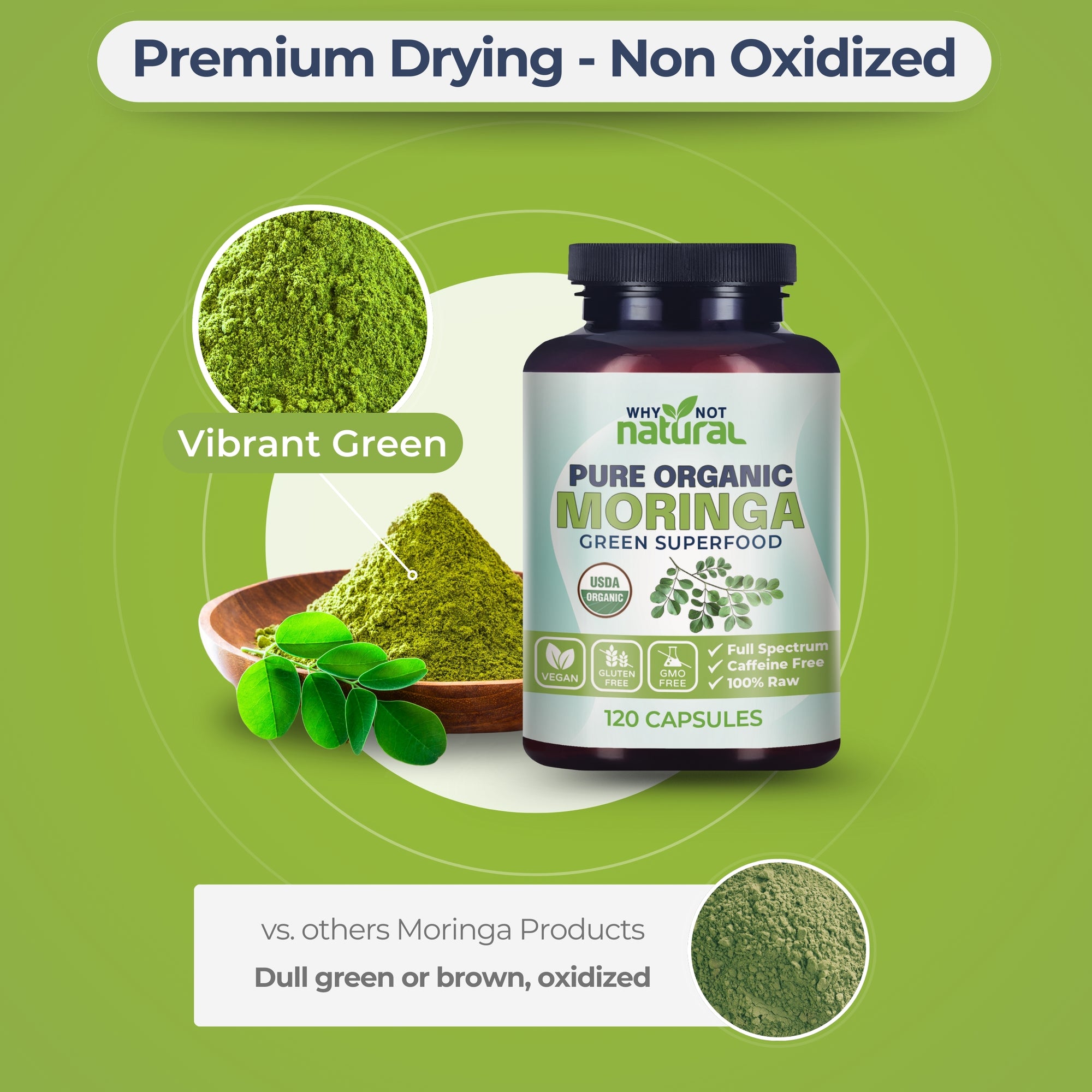 Bottle of Pure Organic Moringa capsules with green powder and leaves on a green background