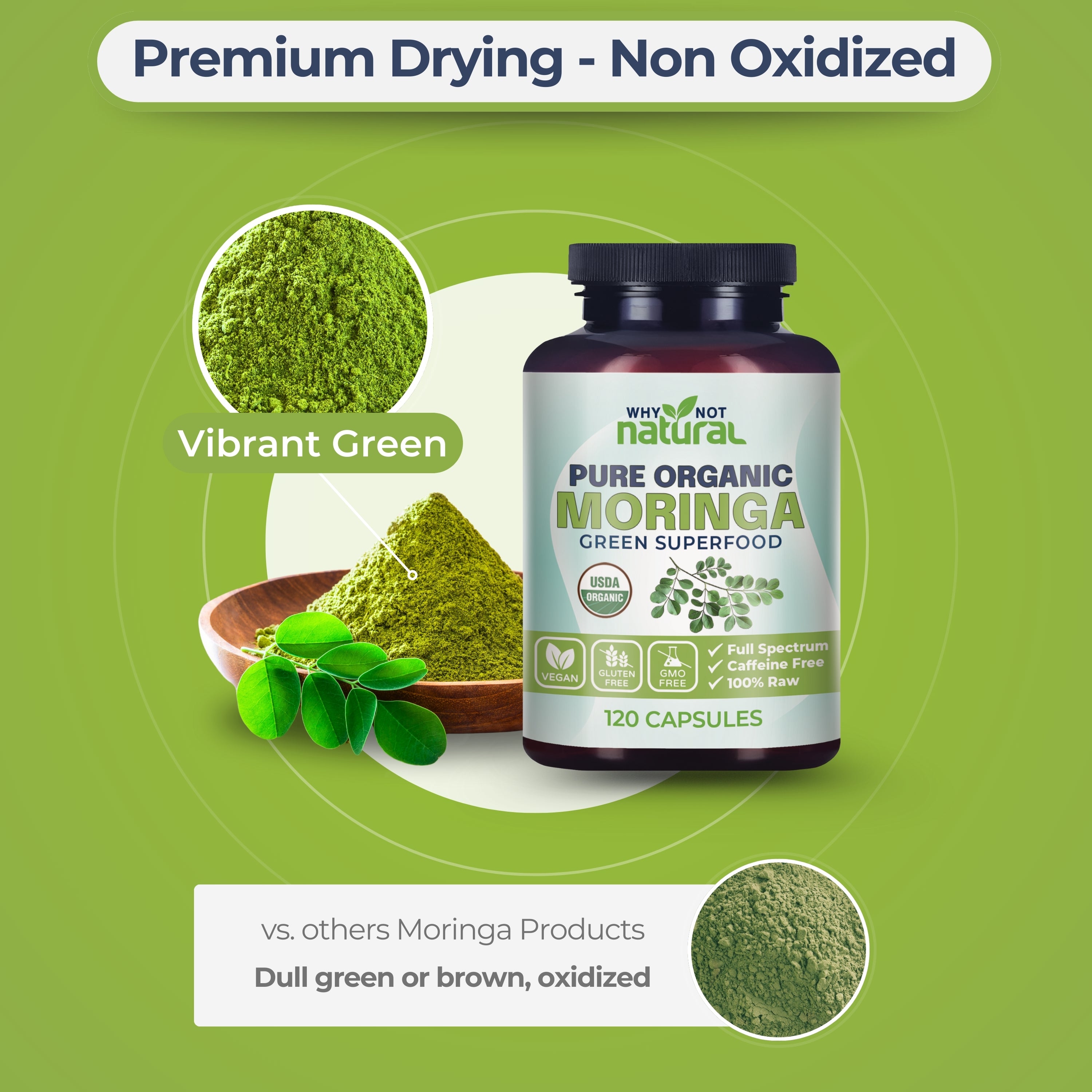 Bottle of Pure Organic Moringa capsules with green powder and leaves on a green background