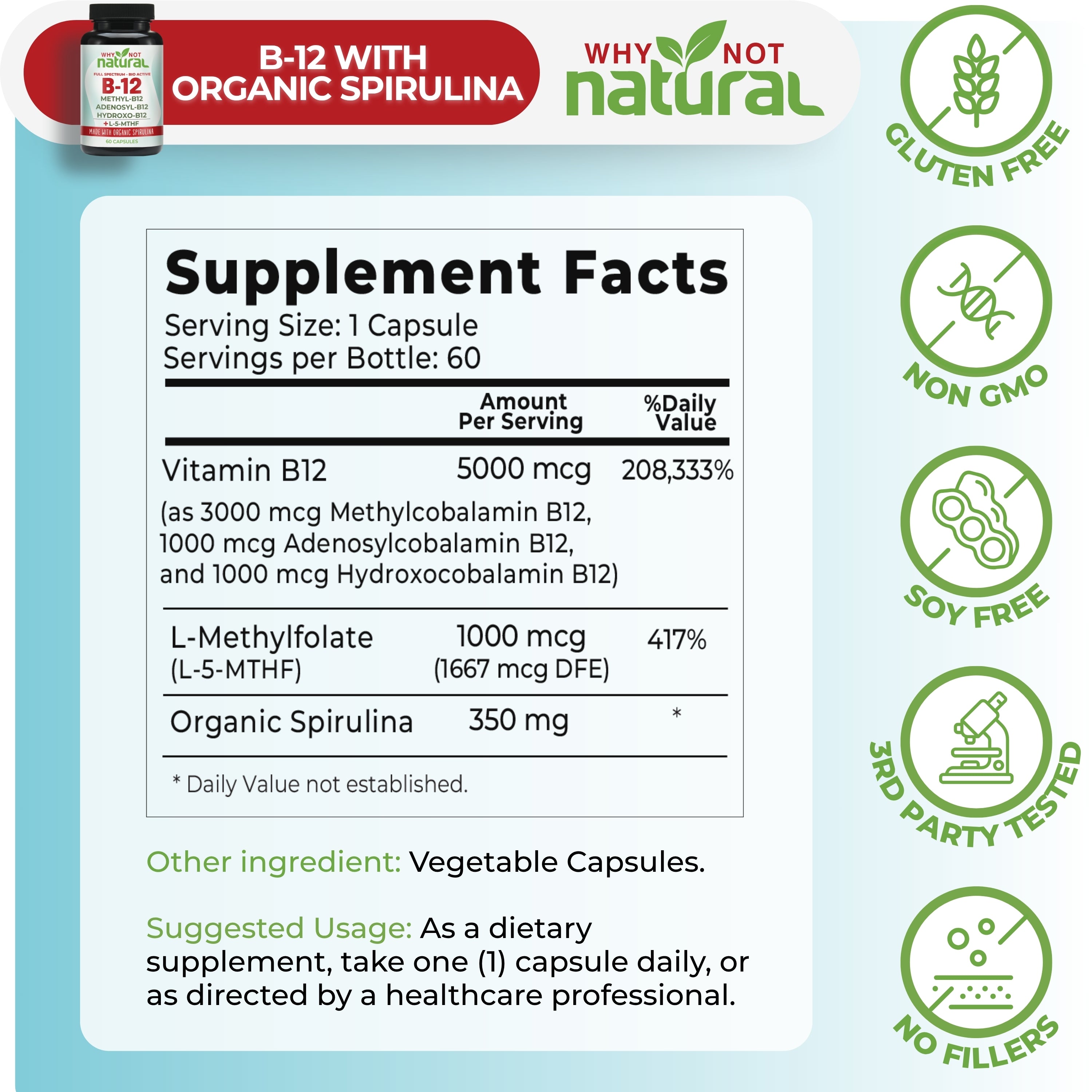 Supplement label with B-12 and Organic Spirulina on a blue background