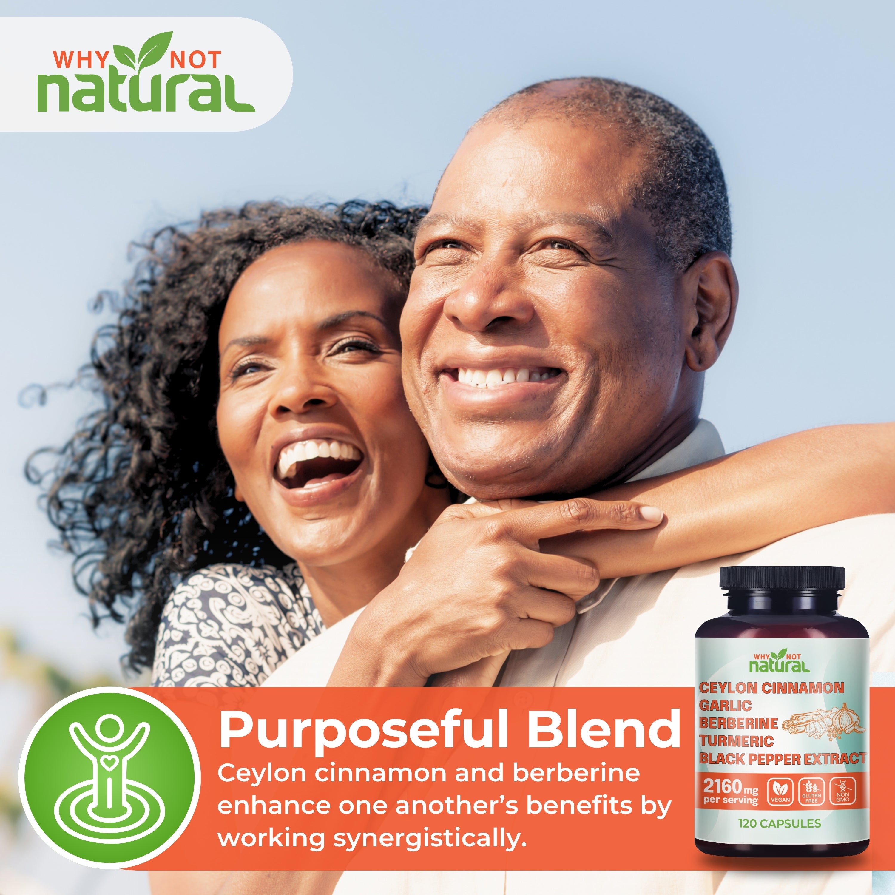 Couple embracing with a supplement bottle labeled 'Why Not Natural' on a clear sky background
